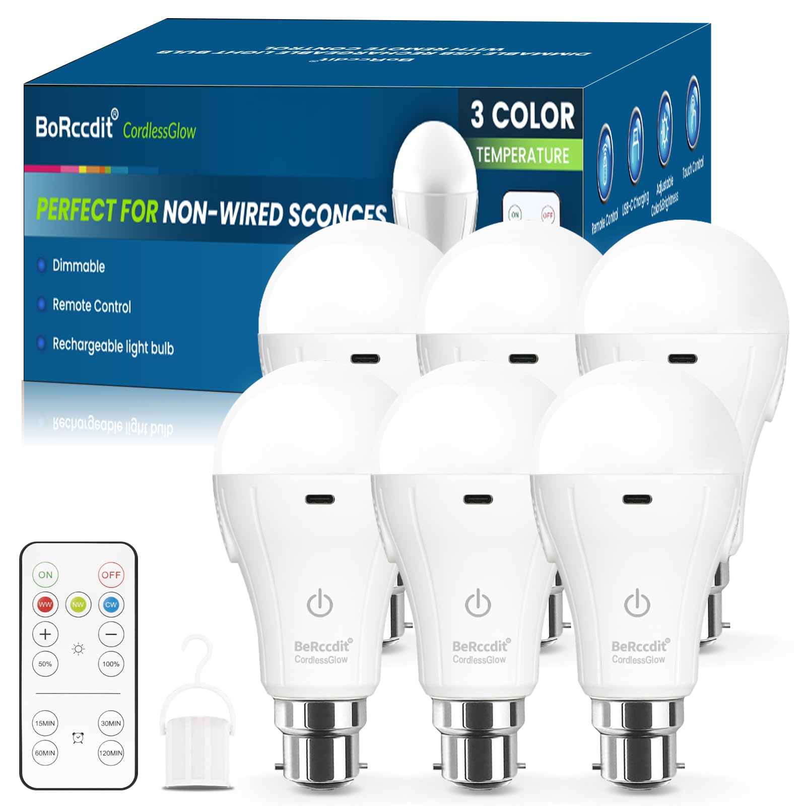 BoRccdit CordlessGlow Rechargeable Light Bulb B22, Dimmable & 3-Color Modes with Remote,15W LED 60W Equivalent, 2000mAh USB Charge Battery Up to 24H, No Wiring for Power Cuts, Camping, Closets, 6-Pack — image 1