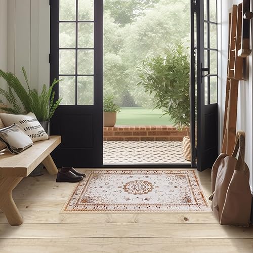 Alfombra de área de 3 x 5 pies, estilo bohemio, retro, envejecida, plegable, lavable, antideslizante, con estampado vintage beige, fina de felpilla