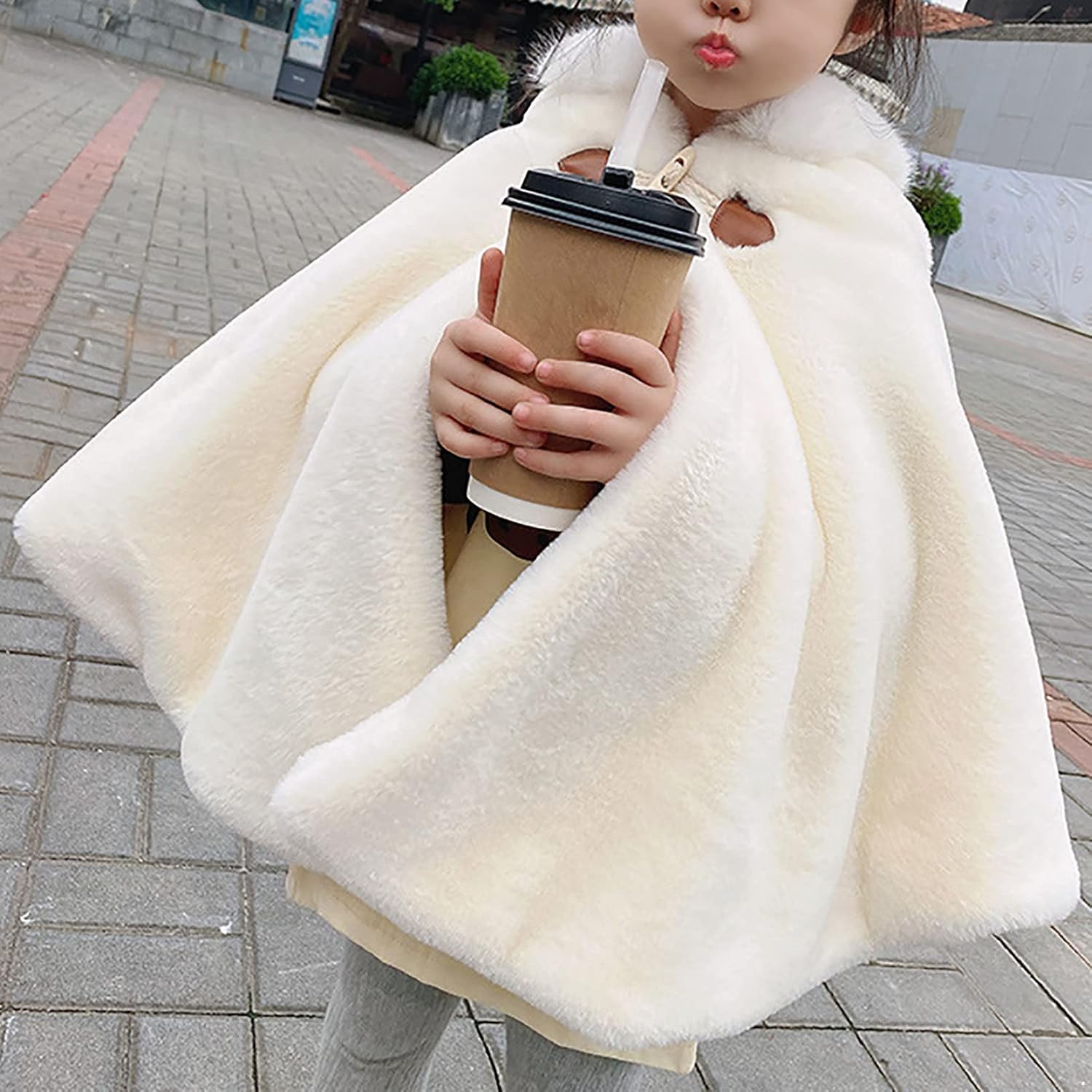 Freebily Toddler Baby Girls Fleece Hooded Cape Faux Fur Warm Coat Princess Poncho Cloak Cardigans