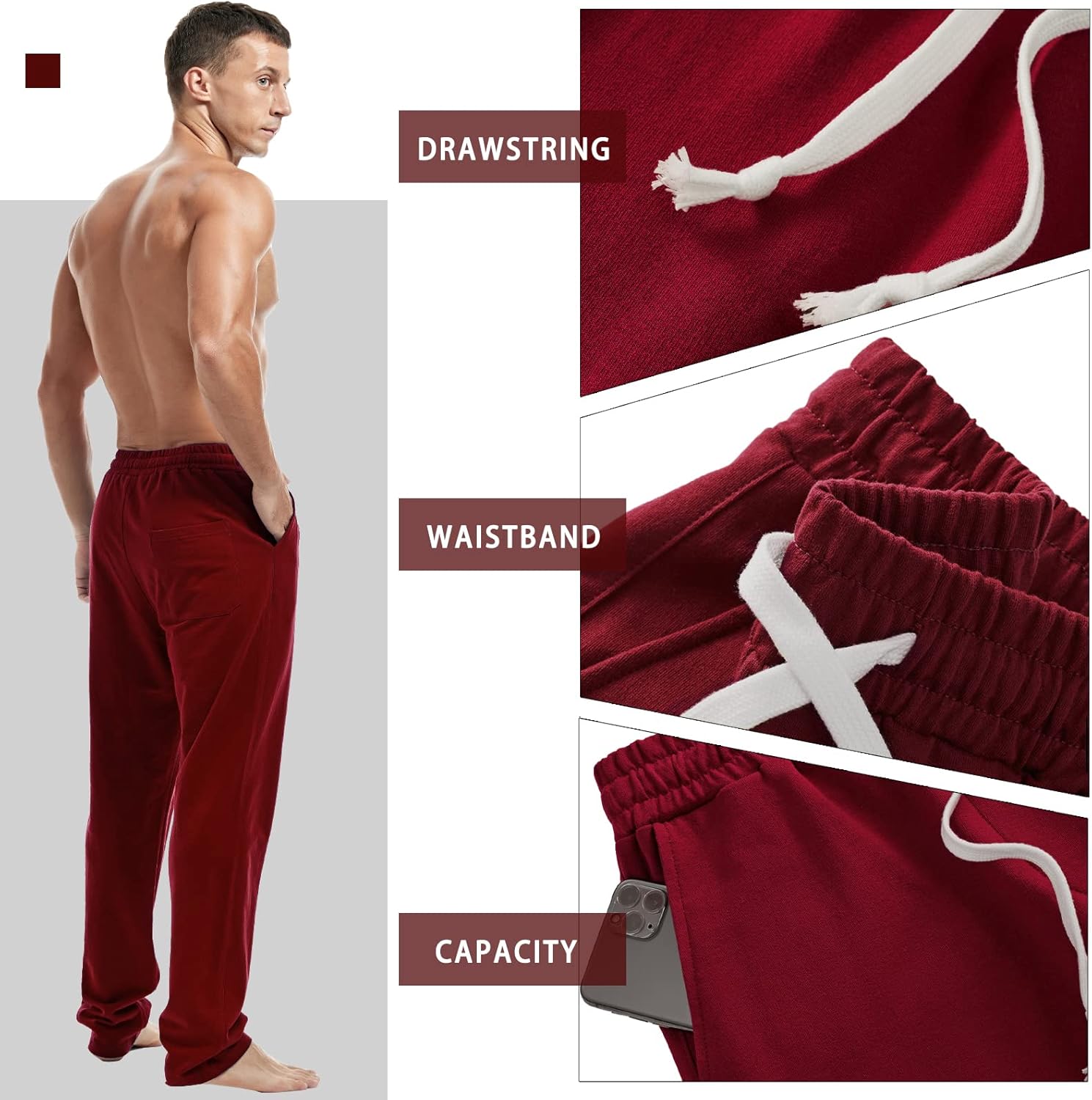 AMY COULEE Mens Cotton Athletic Pants Open Bottom Running Sweatpants Straight Leg Casual Joggers with Pockets - Image 4