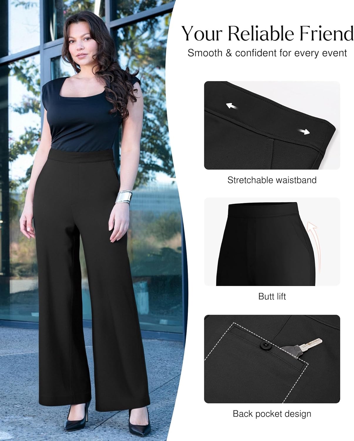 Popilush Dress Pants for Women Tummy Control 2 in 1 Work High Waisted Wide Leg with Pockets Business Casual Outfits - Image 5