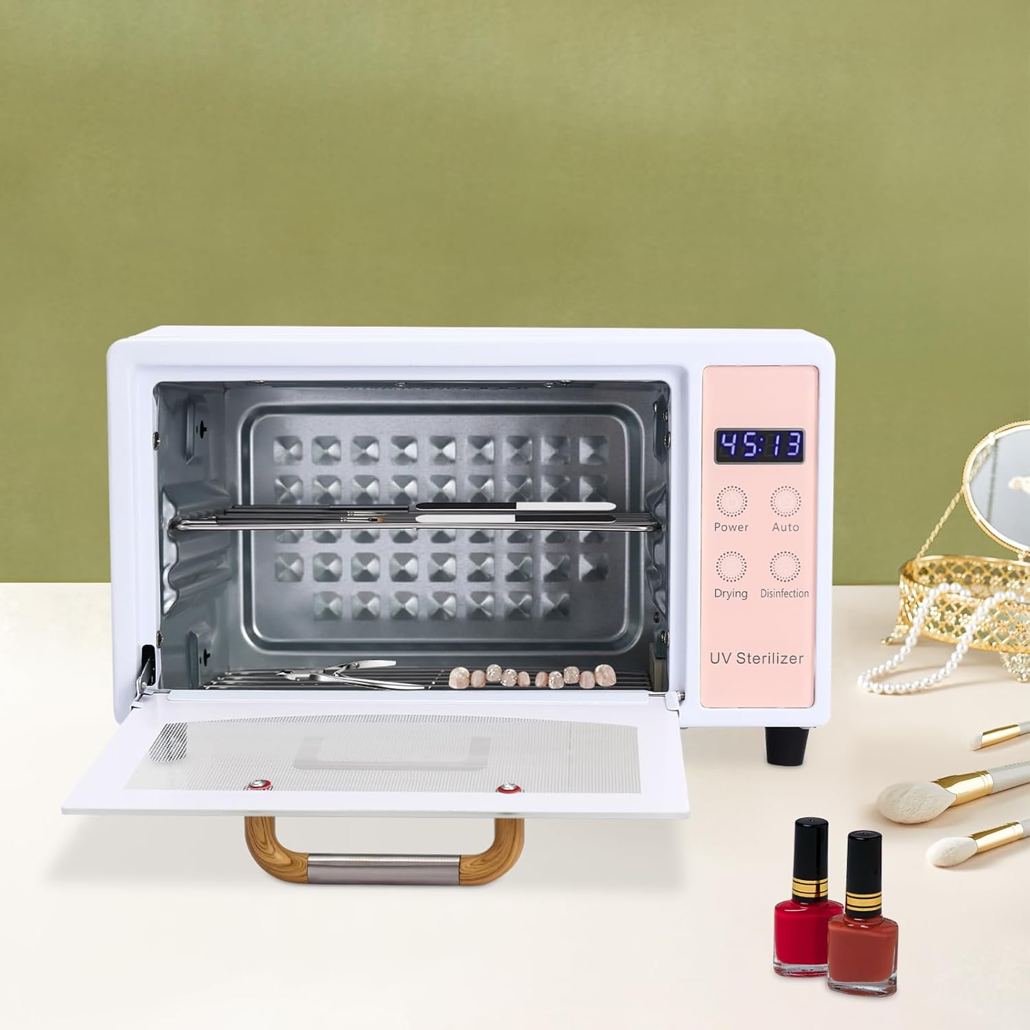UV Light Nail Tool Cleaning Machine, Manicure Tool Cleaner Cabinet, Dry Heat Cabinet UV Light Cleaner, Small Hot Towel Warmer for Spa Barber Shop, 110V 160W (Pink)
