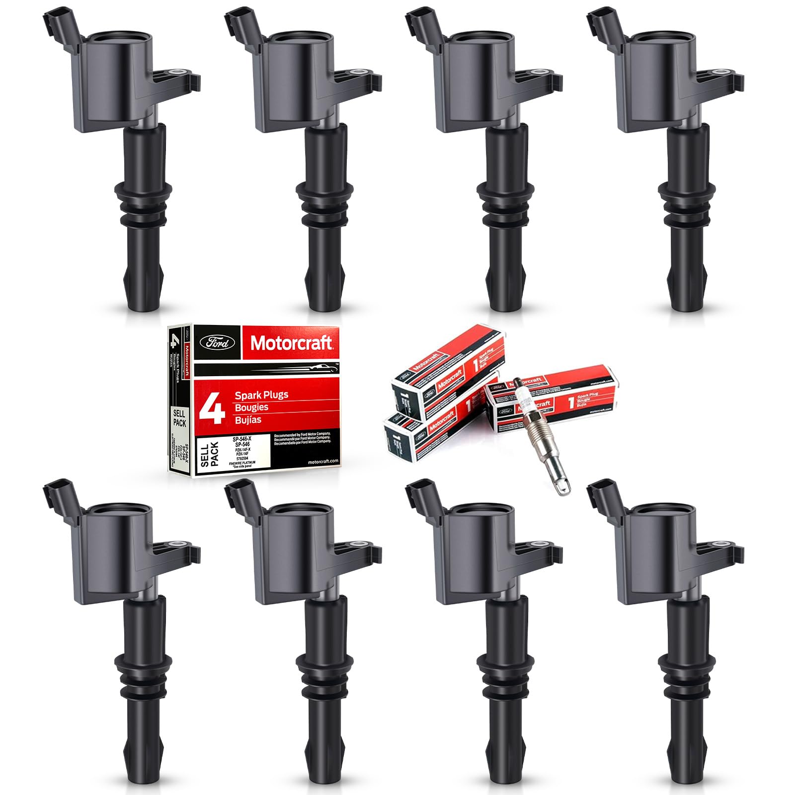 Photo 1 of MAS Set of 8 Ignition Coils Pack Straight Boot & Motorcraft Spark plug SP546 SP515 Compatible with Ford F150 F250 F350 Super Duty Expedition Lincoln Navigator V8 5.4l Replacement for DG511 FD508