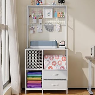 Large Heat Press Table Stand Compatible with Cricut Heat Transfer Machine Accessories Storage with 2 Storage Drawers 30 Vinyl Roll Holder DIY Crafting Table Workbench (White)