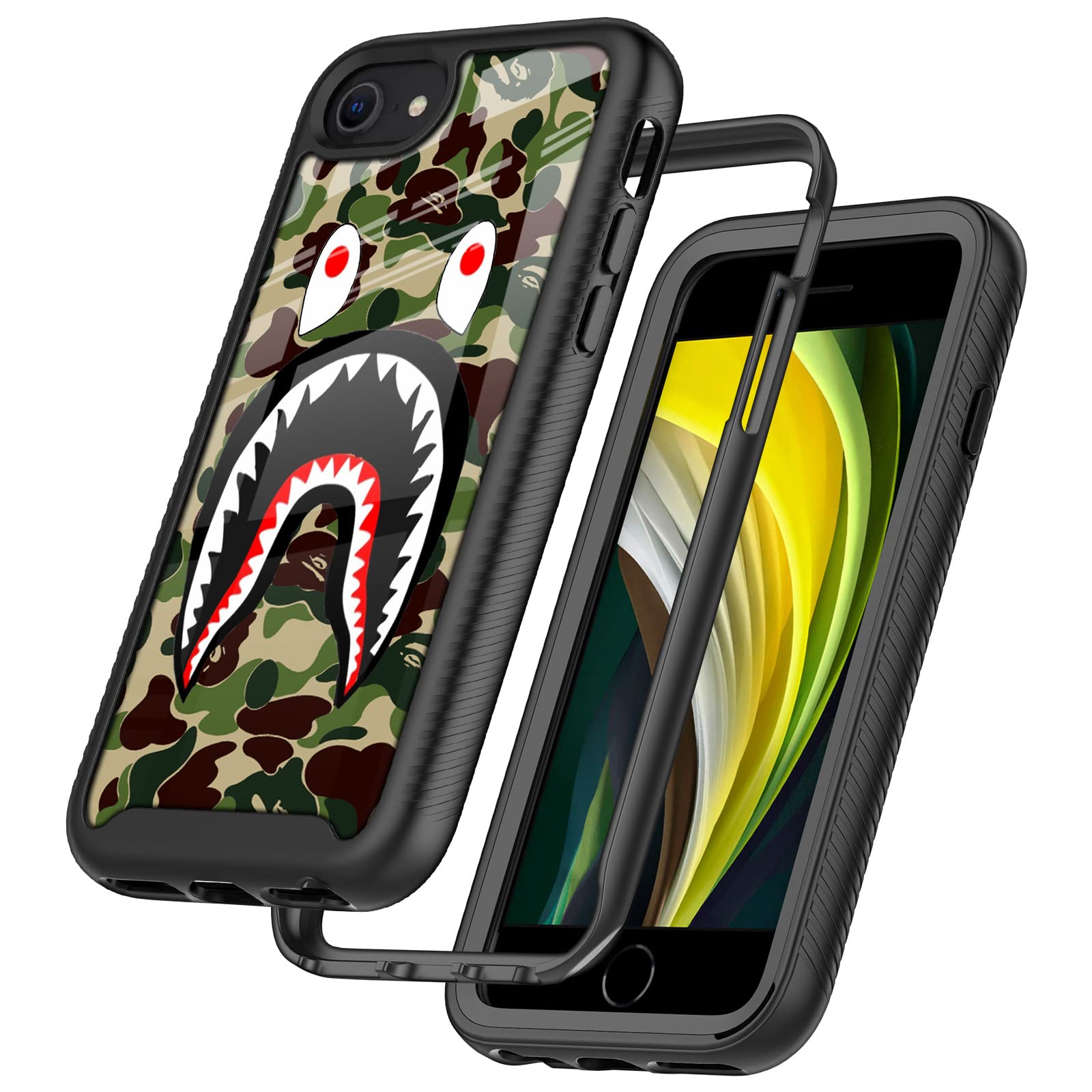 GUGU6JI Street Fashion Cool Camo Army Green Shark Design Compatible iPhone SE/7/8 Case - Luxury Shockproof Rugged Cover - Dual Layer Soft Bumper