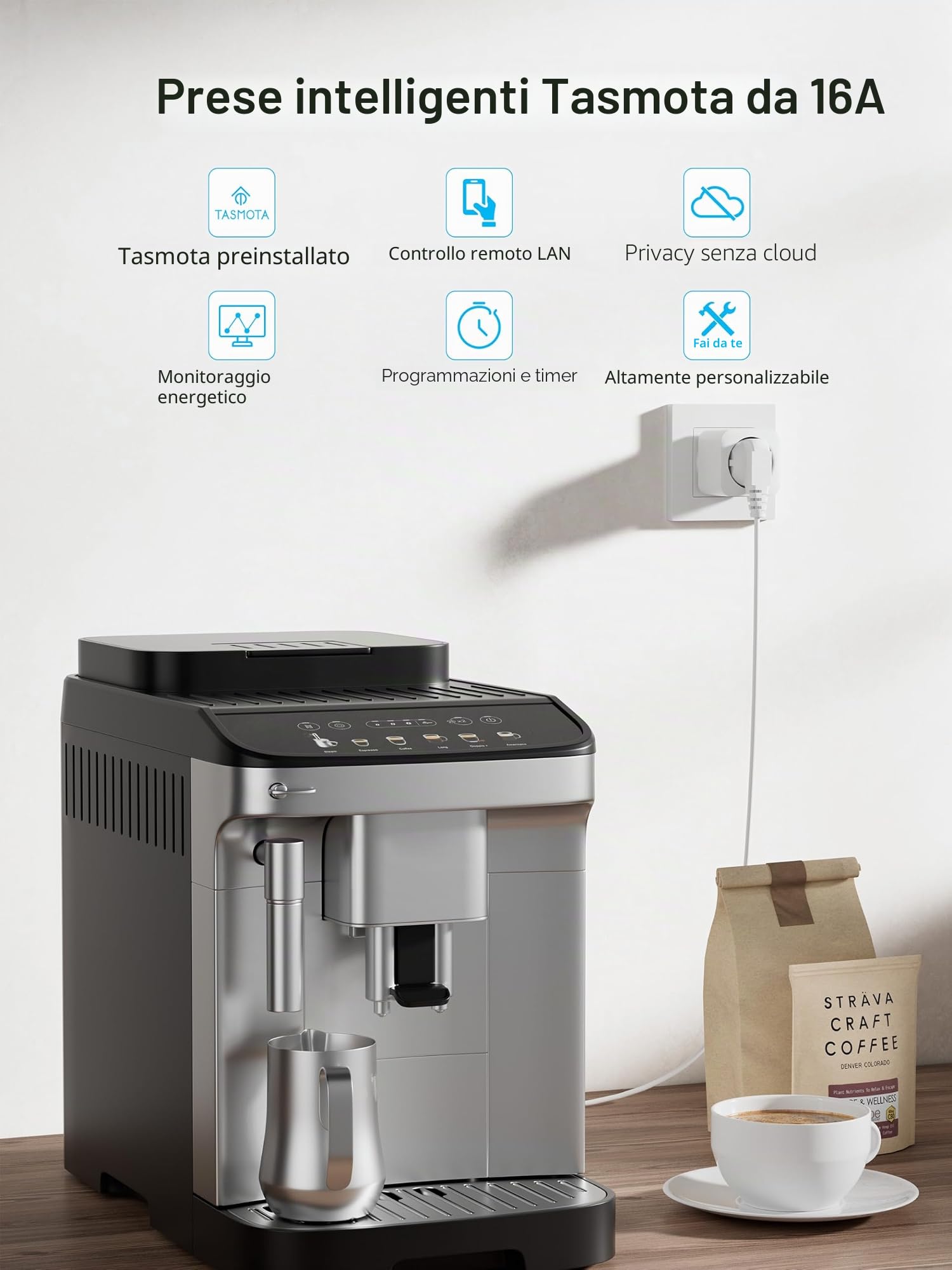 EIGHTREE Presa Smart Tasmota, Monitoraggio Energia, WiFi Intelligente Smart Plug, Compatibile con Alexa e Google Home, home asistant, MQTT, Domoticz, OpenHAB, ioBroker, 16A, solo WLAN a 2,4 GHz, 4pcs