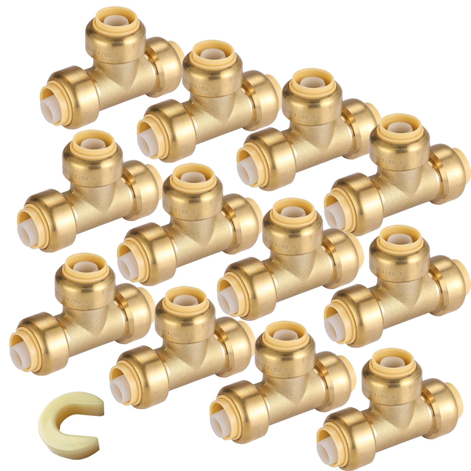 Conector en T de ajuste a presión de 1/2", paquete de 12 conectores en T de latón para PEX con 1 clip de desconexión, accesorios de plomería de conexión a presión para PEX, cobre, C (PF118-12Pack)