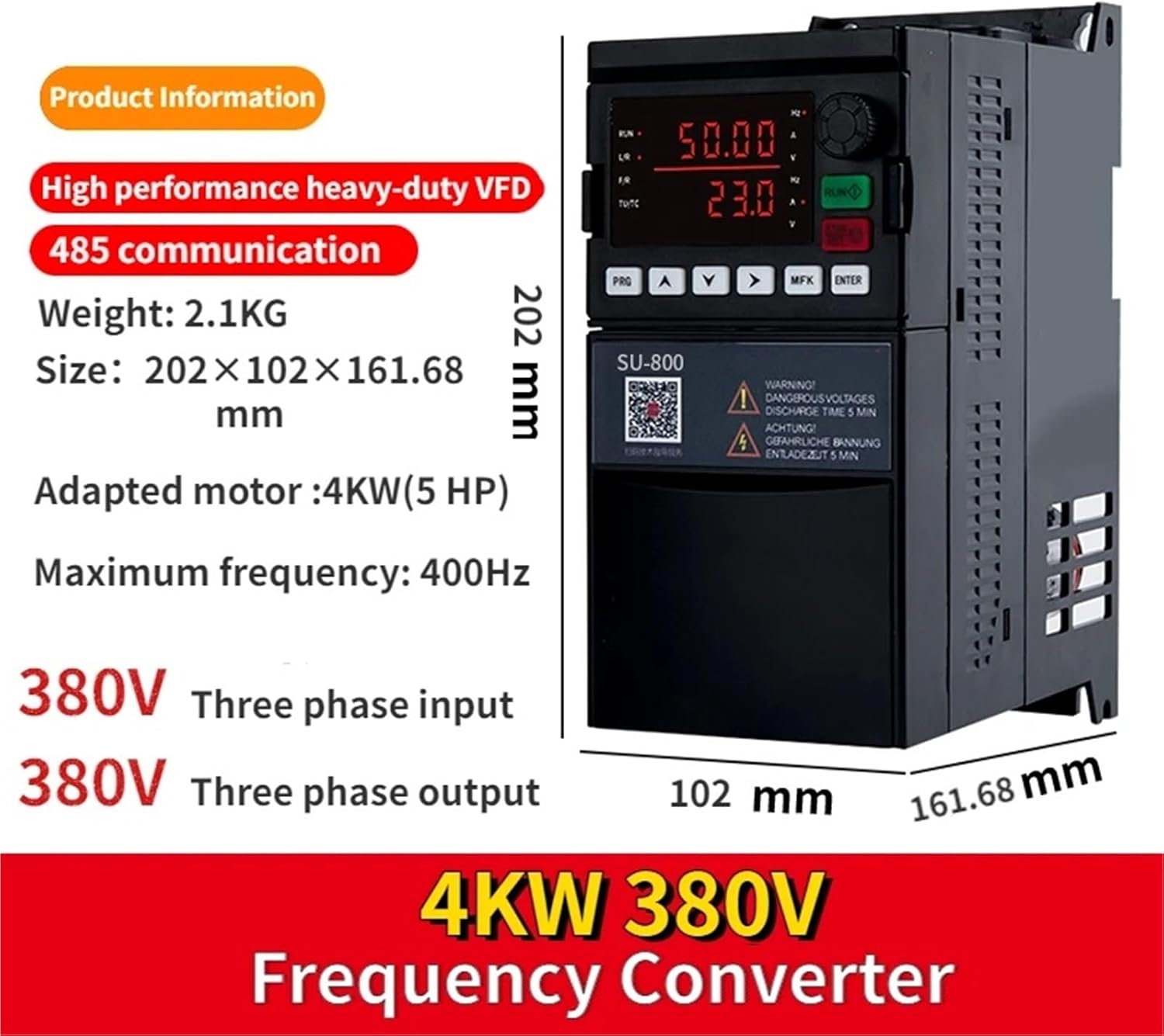 1pc SU8/900 VFD 0.75KW 1.5KW 2.2KW 7.5KW 15KW 3-Phase 380V/1-phase 220V Variable Frequency Drive Converter(4KW 380V)