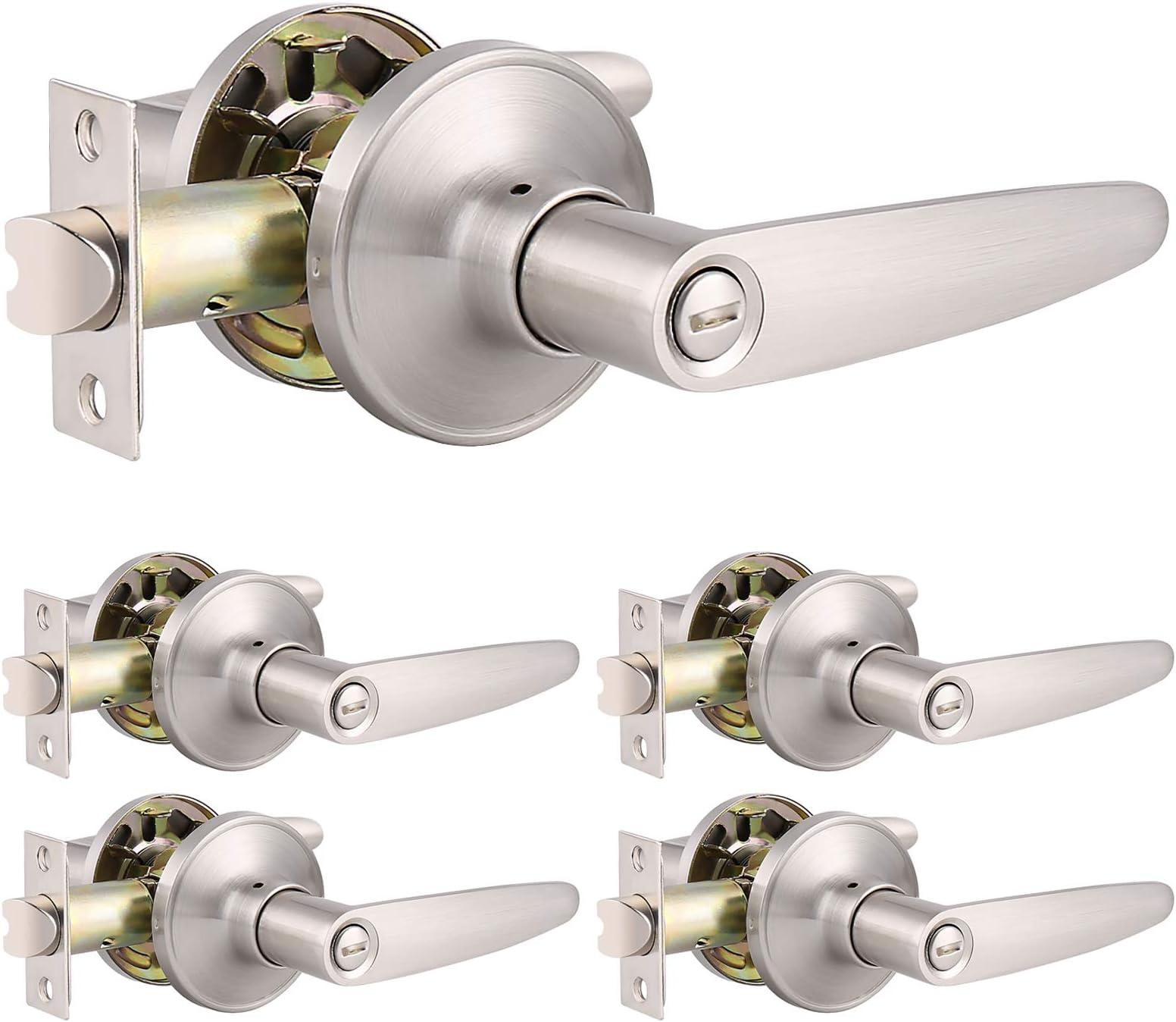 5 Pack Satin Nickle Straight Flat Door Levers Interior-for Bedroom or Bathroom Keyeless Door Handles-Knobonly
