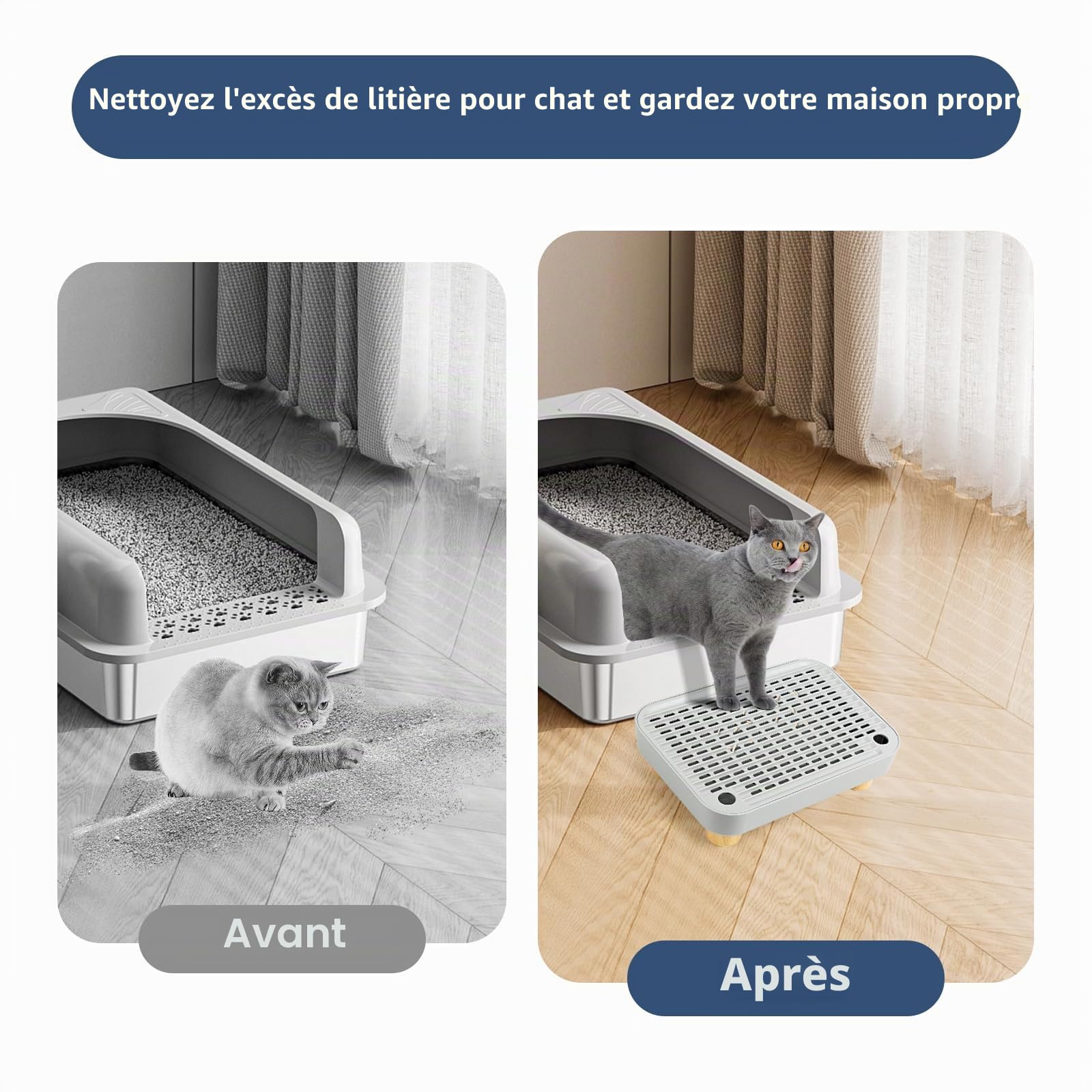 Kalolary Rampe pour Litière pour Chat, Marchepied Pédale Bois avec Fonction Filtre Toilettes Animaux Compagnie Faciles Nettoyer Marchepied Avant Piège Litière pour Chatons Chats Âgés (Gris Clair)