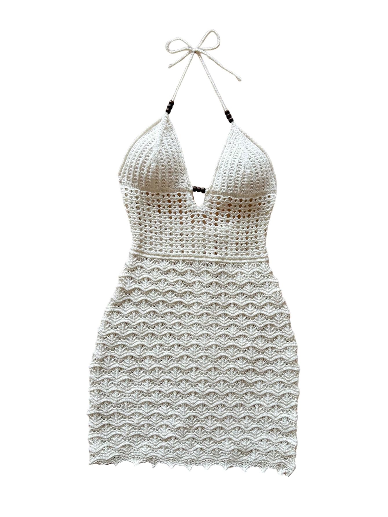 GORGLITTER Women's Crochet Beach Cover Up Dress Tie Backless Bodycon Knit Halter Mini Dresses Summer Outfits