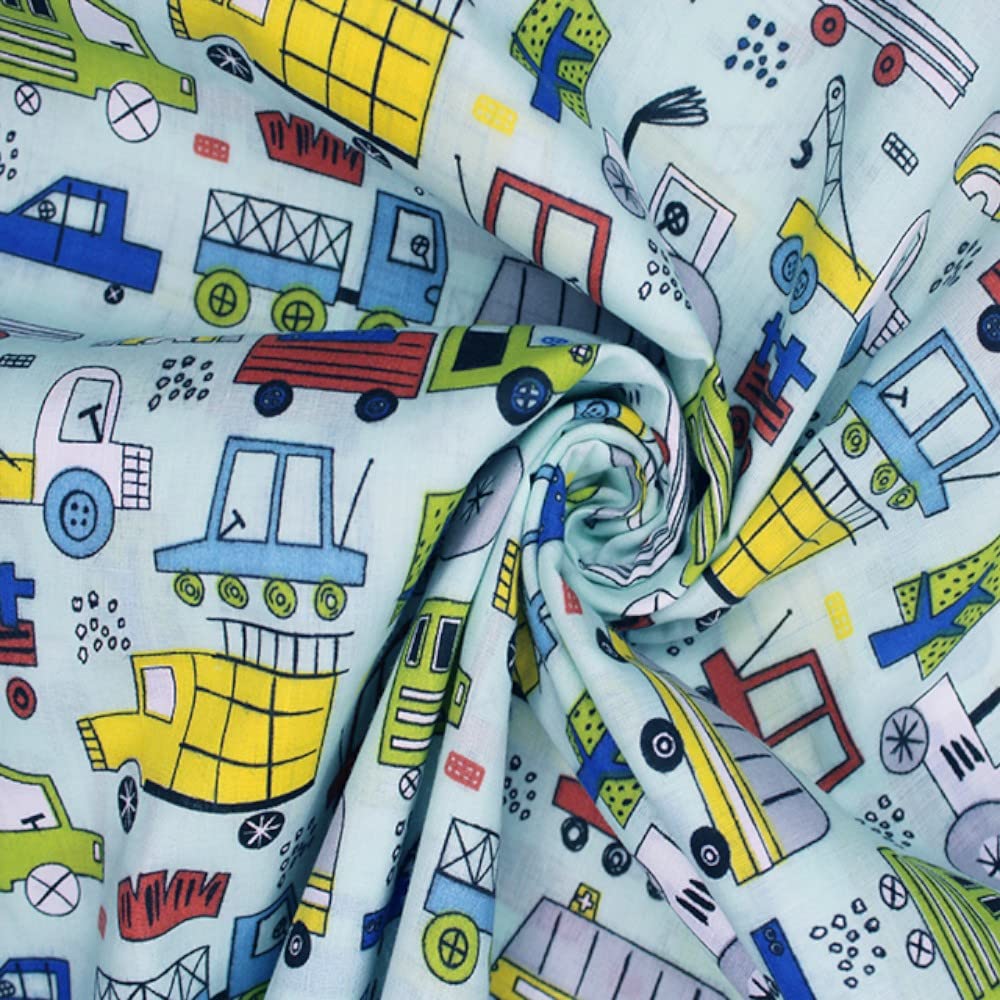 Polycotton Fabric Traffic Jam Vehicles Trucks Cars (per metre) (Sky Blue)