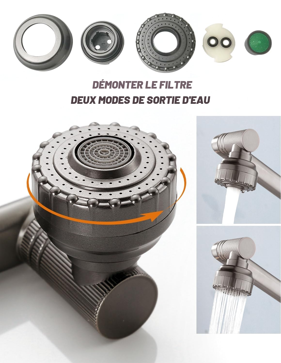 Flexible Robinet Cuisine, Robinet Mitigeur Cuisine, Robinet Cuisine Douchette, Pivotant à 360° Mitigeur Evier en Acier Inoxydable Gris Brossé, 2 Modes de Jet, Livré avec 2 Flexibles 3/8"
