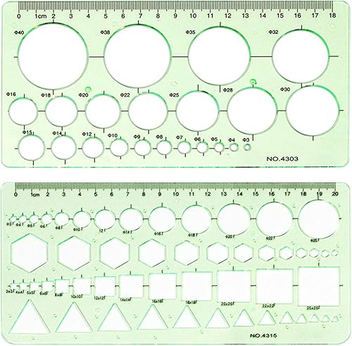 2 plantillas de dibujo geométrico, plantilla de círculo artístico, plantilla de dibujo geométrico de plástico transparente, regla de medición (verde)
