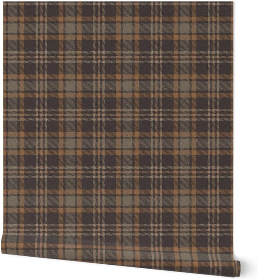 Peel & Stick Wallpaper 3ft x 2ft - Brown Plaid Rustic Check Dark Academia Autumn Fall Tartan Traditional Classic Custom Removable Wallpaper by Spoonflower