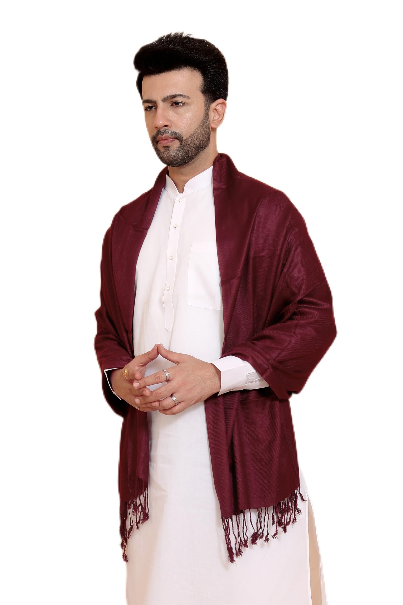 ebadat Traditional Ethnic Men's Shawl, Maroon Viscose Silk with Silver Striped Embellishments and Tassel Fringe, Free Size-picture-19
