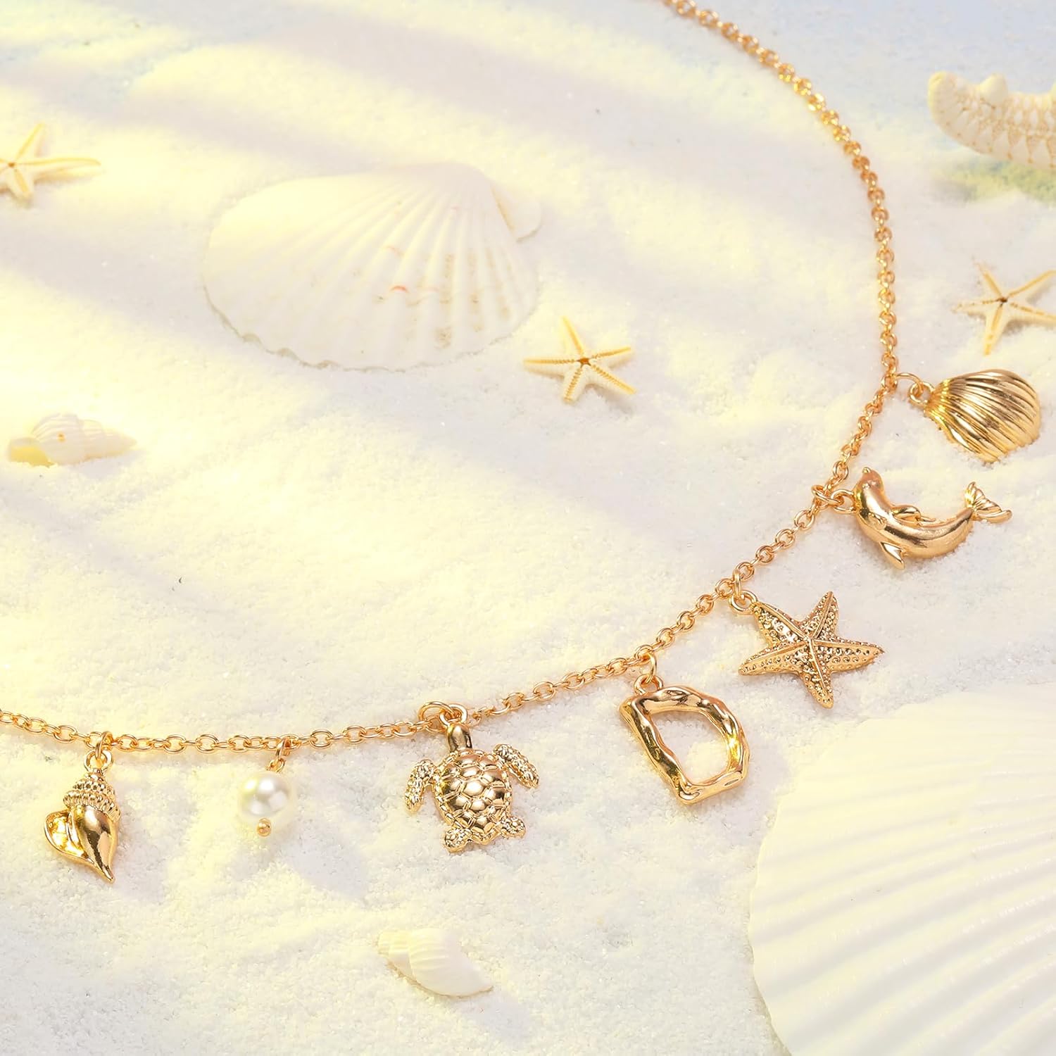 Initial Charm Necklace For Women, Boho Gold Summer Beach Surfer Letter Necklace Starfish Seashell Pearl Turtles Dolphin Charms Pendant, Trendy Pendant Alphabet Choker Necklace Jewelry Gifts for Teen - Image 4