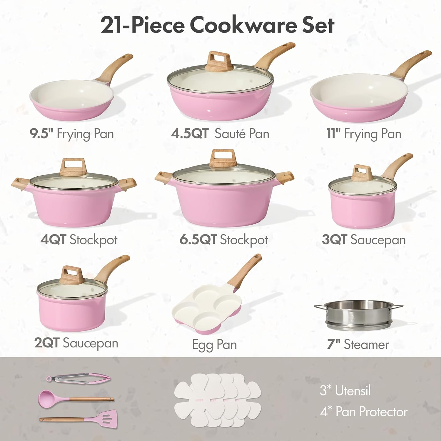 CAROTE 21 PCS Ceramic Cookware Set, Pots and Pans Set Non Stick, Pot and Pan Set with Frying pan, Induction Ready Cooking Set for Kitchen, PFOS/PFOA/PFAS Free, Pink
