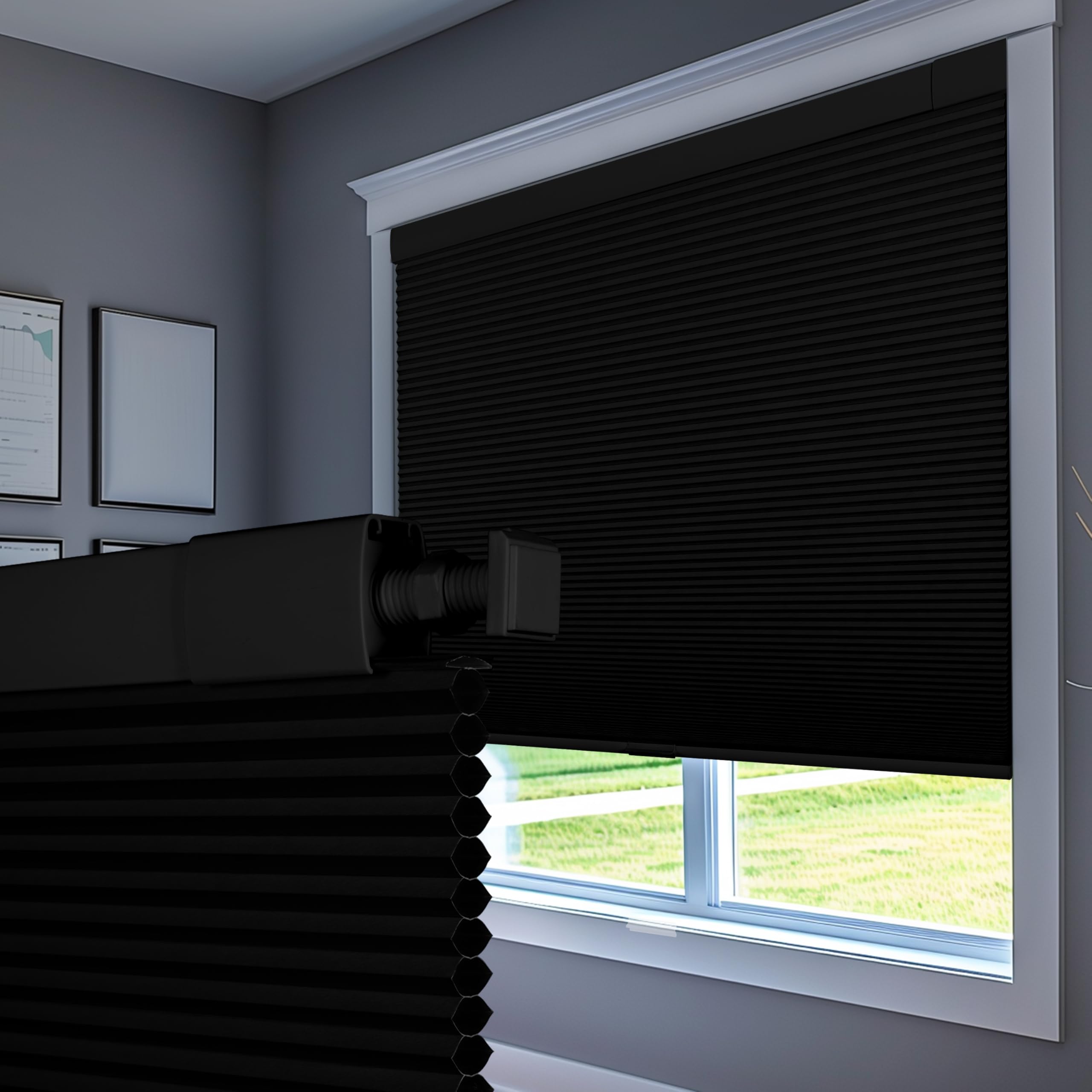 Boolegon No Drill Blinds for Windows Blackout Cellular Shades Cordless No Tools Honeycomb Blinds Pull Down Easy Install for Home and Office, Black,