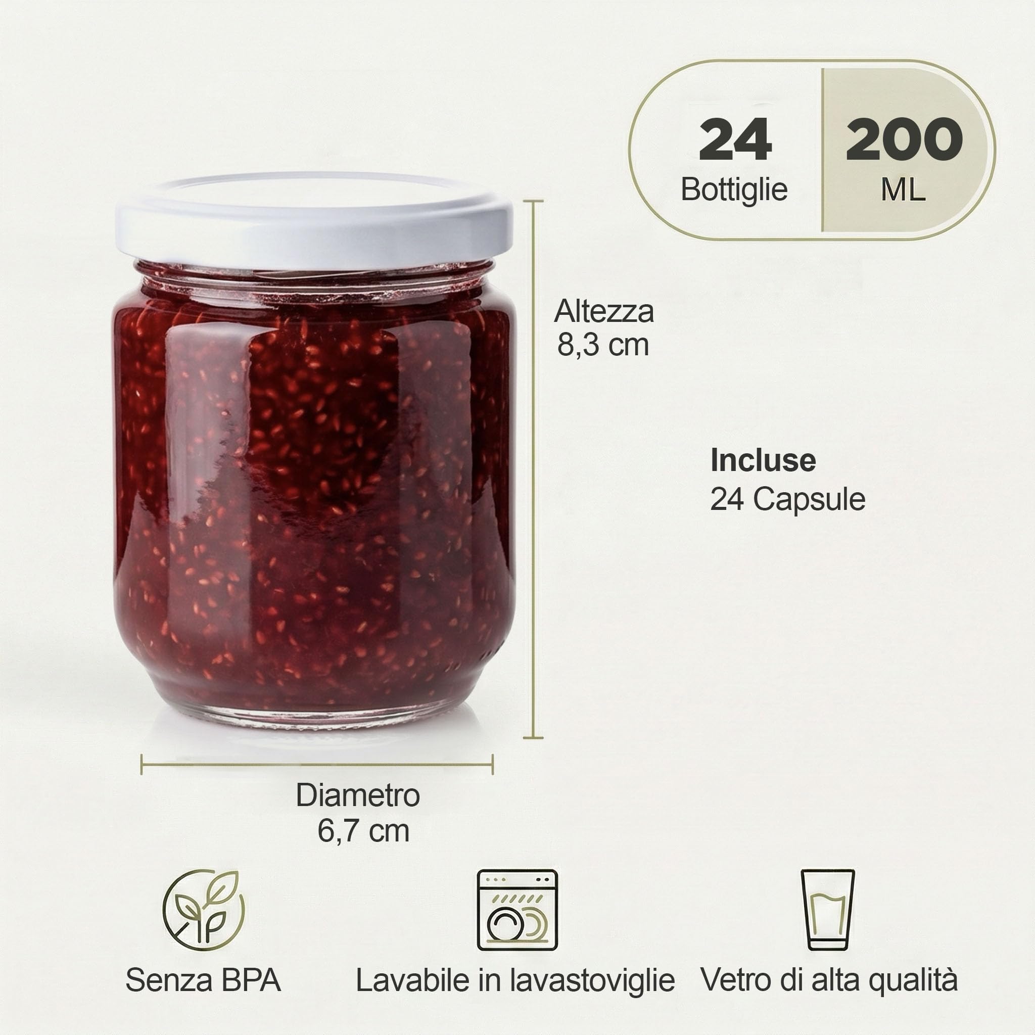 24 barattoli vetro con coperchio vasetti conserve 200ml 200 ml per marmellata confetture bomboniere tappo a vite ermetico da cucina