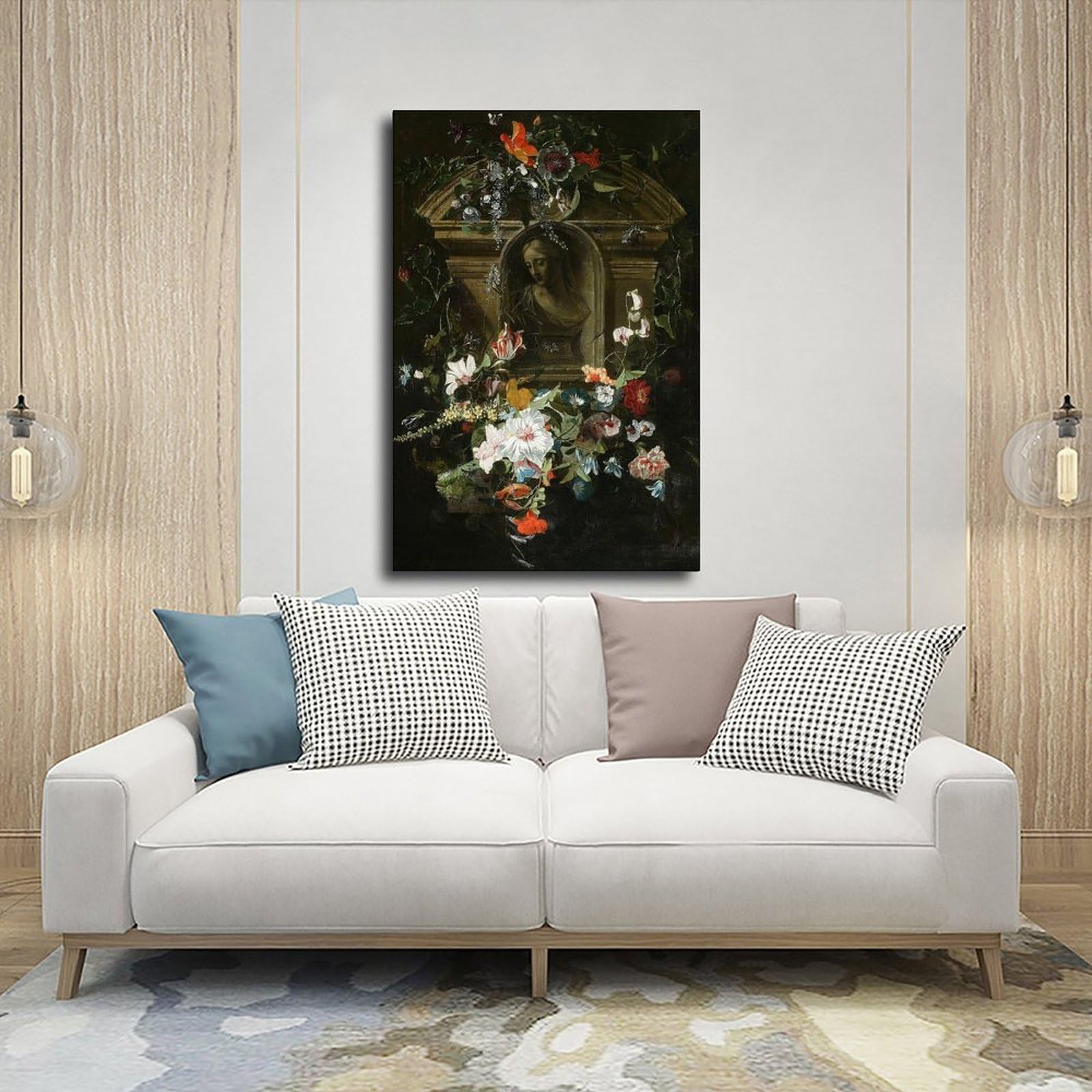 Poster su tela con busto di donna in cerchio di fiori (1658) per camera da letto, decorazione regalo
