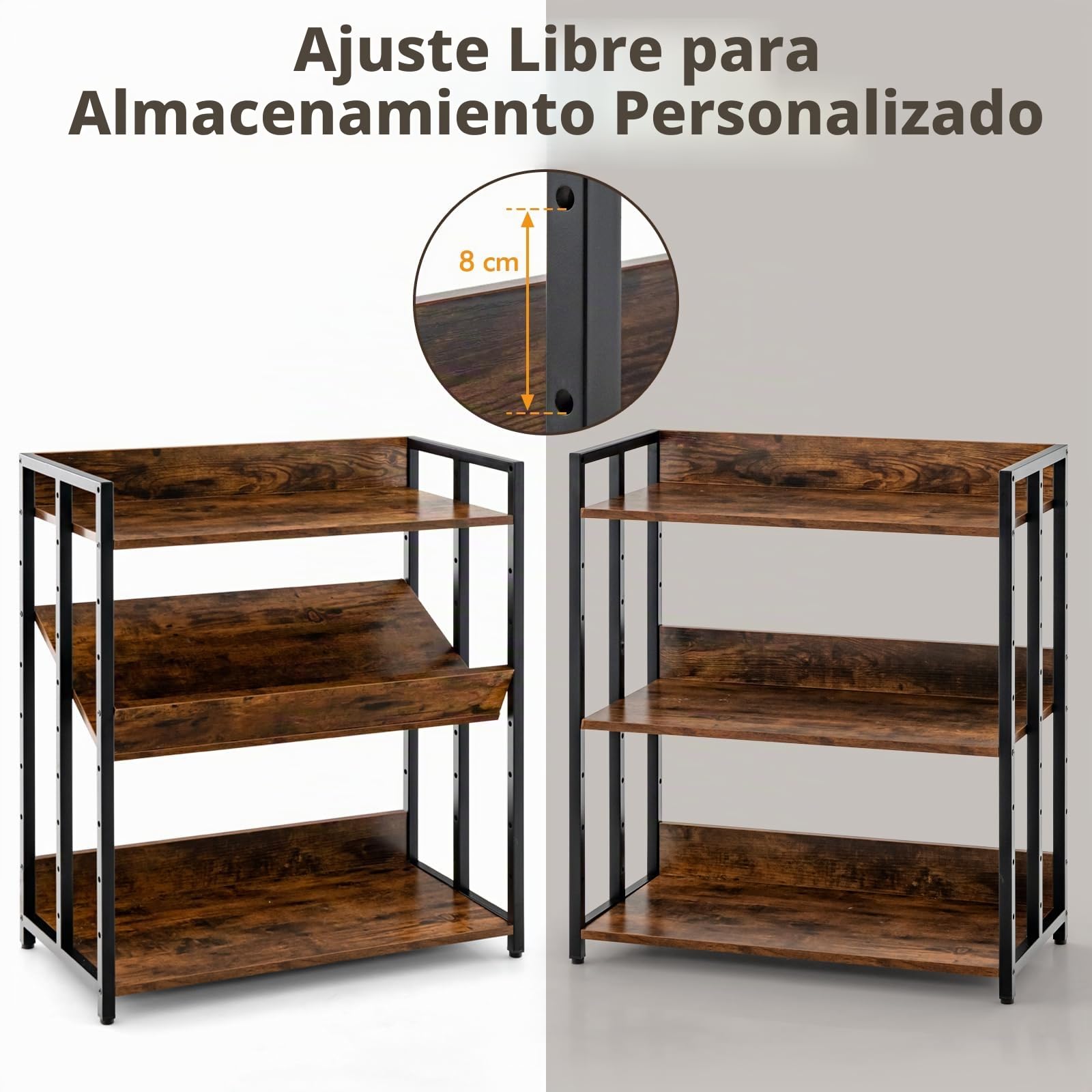GIANTEX Librería Industrial de 3 Niveles con Solapas Pretectoras, 70 x 35 x 81 cm, Estantería de Almacenamiento de Madera con Marco de Metal, Estantería para Salón, Dormitorio, Cocina (Marrón)
