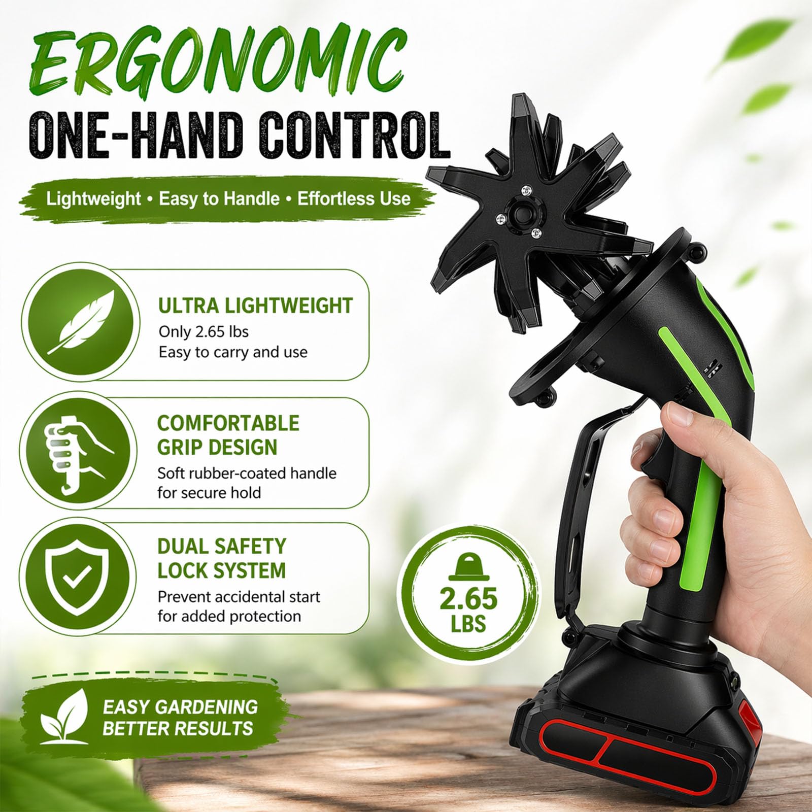 2026 New 24V 2 in 1 Cordless Tiller and Cultivator with Extension Pole,Cordless Tiller Cultivator,Handheld Tiller and Hand Held Cultivator for Garden,Weeding, Trenching (Green(2*Battery+1*Pole)) - 3