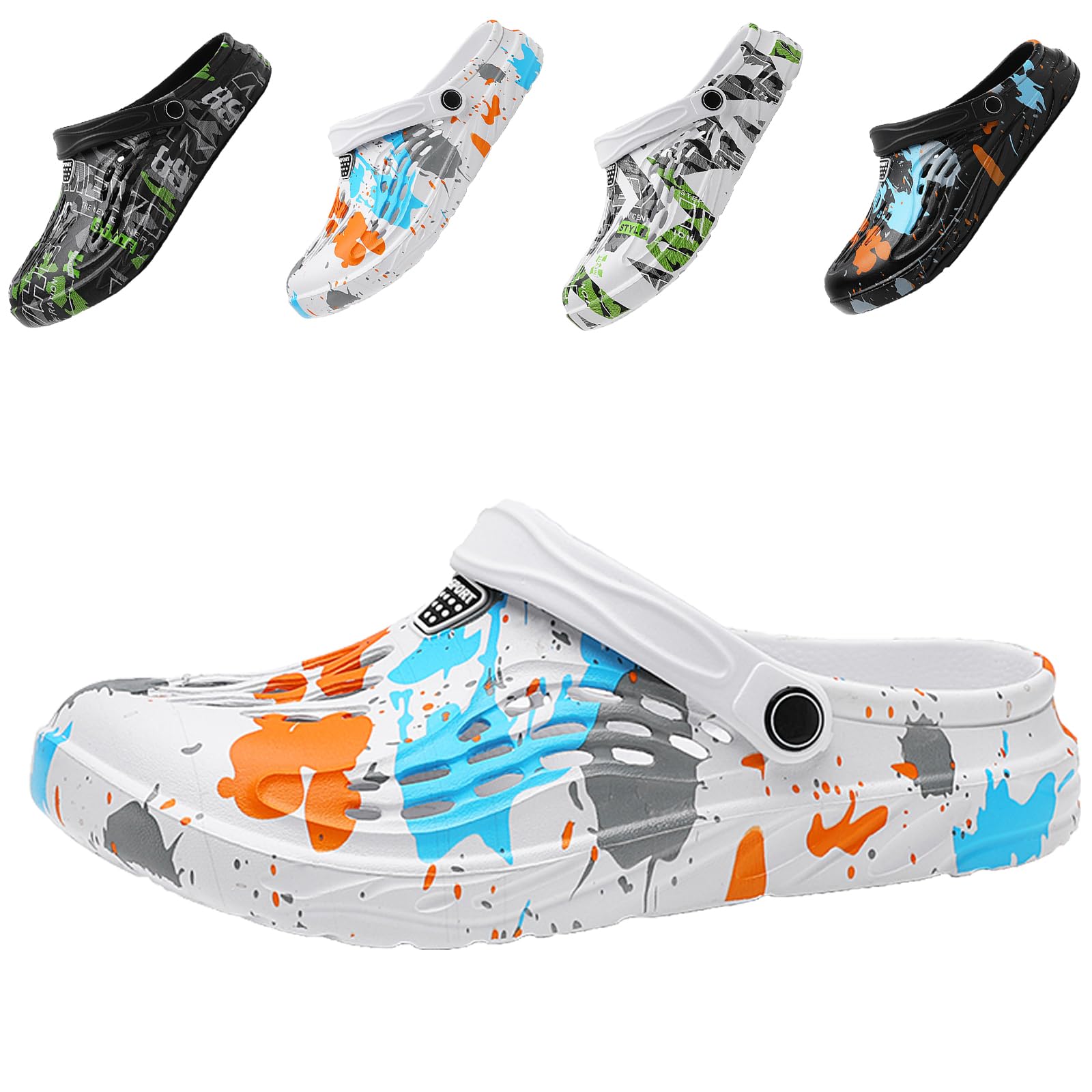 CYian Zuecos clásicos para hombre y mujer, ligeros, mullidos, sandalias de playa, zuecos de jardín, Azul Blanco, 11 Women/9 Men