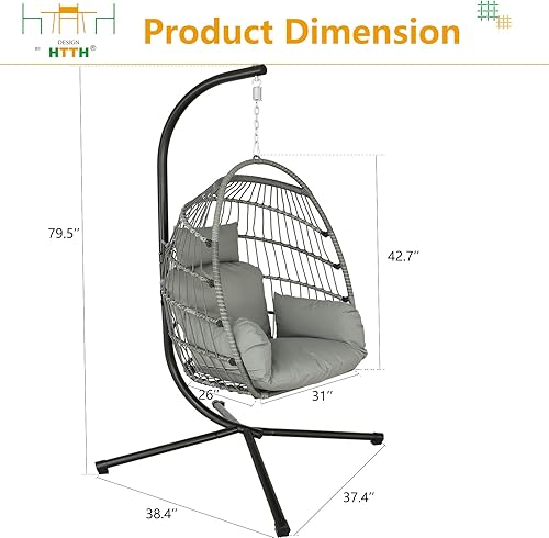 Miniatura 8 de HTTH Hanging Egg Chair with Stand Egg Swing Hammock Chair for Indoor Outdoor Patio Swing Chair with Cushion Headrest Hammock Chair 350lbs Capacity