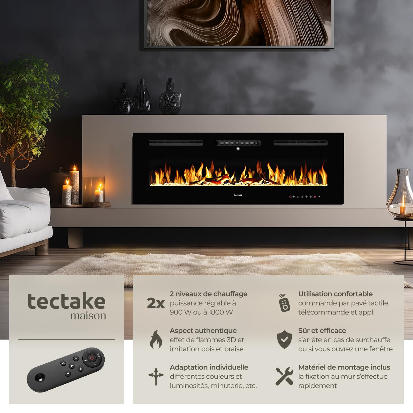 tectake® Cheminée électrique Murale 127 x 12 x 43 cm, 2 Niveaux de Chauffage 900 et 1800W, Cheminee Electrique Effet Flamme 3D, Télécommande, Application Mobile, Panneau Tactile, Cheminée Electrique