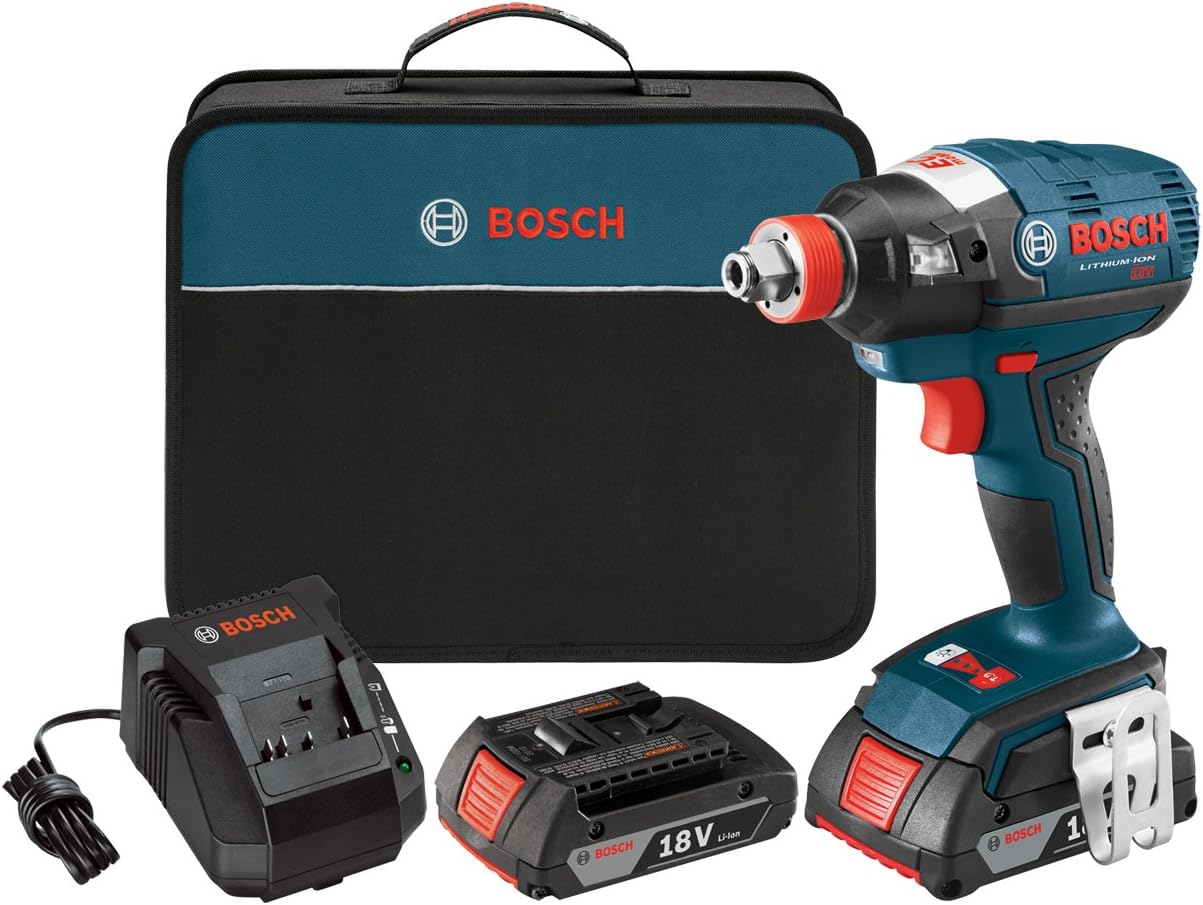 Bosch IDH182-02 Cordless Impact Driver - 18-Volt Lithium Ion Brushless Tool Kit with (2) 2.0Ah Lithium Ion Batteries, Charger and Carrying Case , Blue