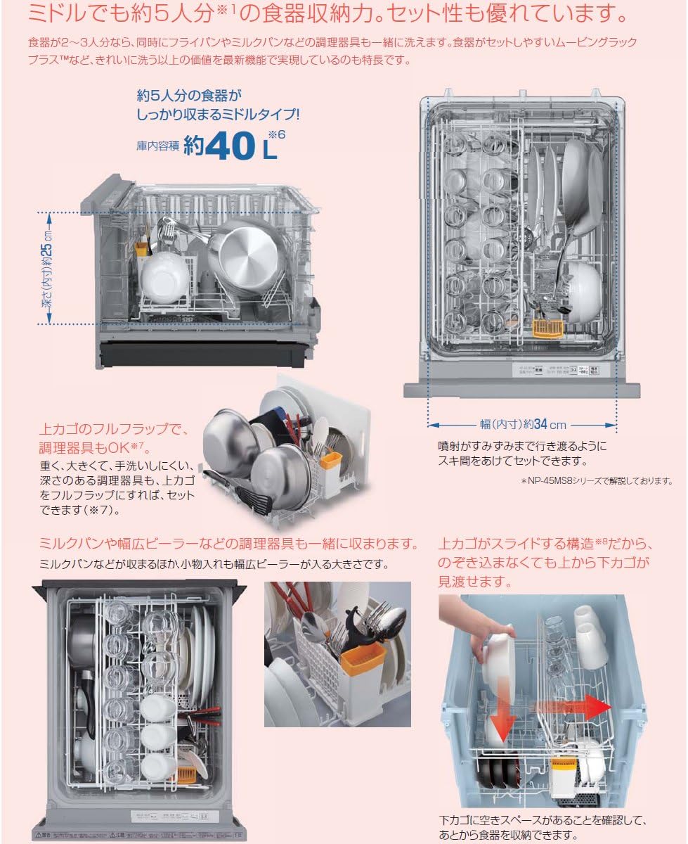 Various dish loading configurations for the Panasonic NP-45KS8W dishwasher, showing upper and lower baskets with different types of dishes and cooking utensils.