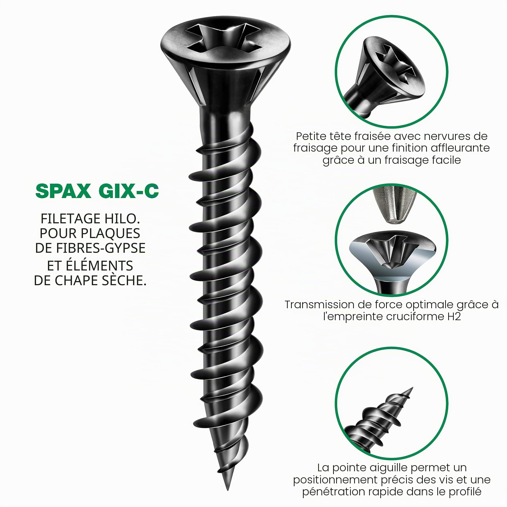GIX C pour fibre-gypse, Tête centrante, Tête de fraisage pointue, Cruciforme H, Pointe d'aiguille, Phosphaté noir