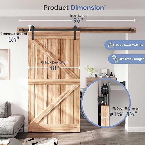 Miniatura 6 de EaseLife Kit de riel de herrajes para puerta corrediza de granero de 8 pies, polea recta, se desliza suavemente silenciosamente, fácil de instalar