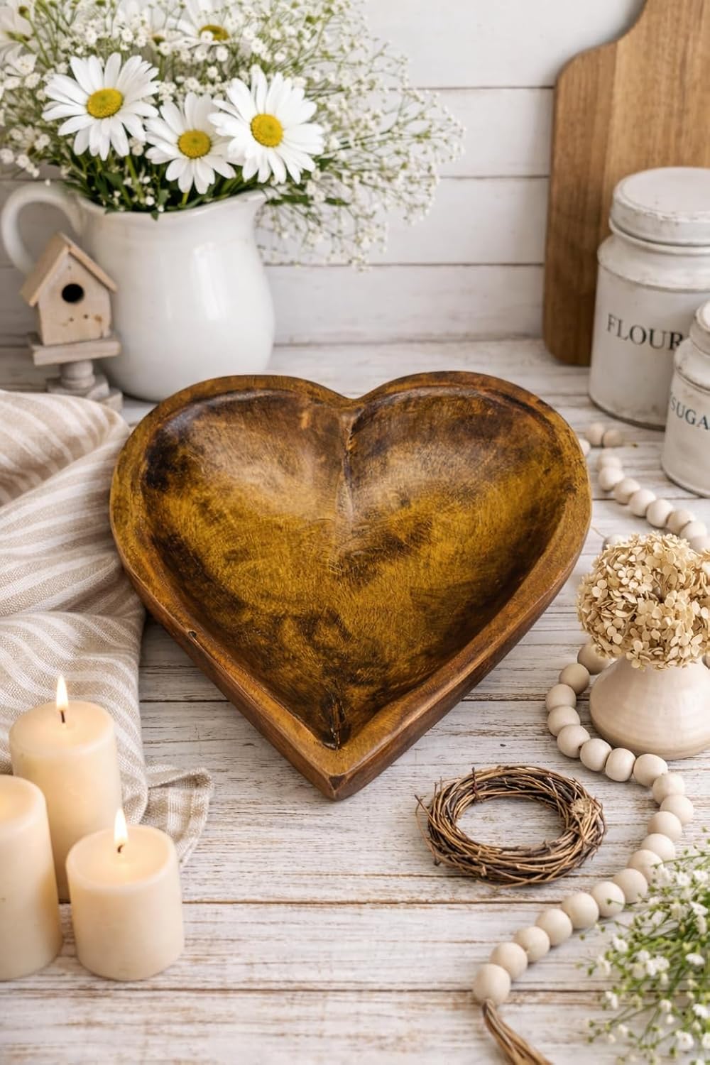 Wooden Dough Bowl - 12" Heart Shaped Wooden Decor Bowl - Spanish Oak - Excellent Gift for Valentine's Day - Decorative Display Bowl - Handmade & Imported from Mexico (Natural Brown)