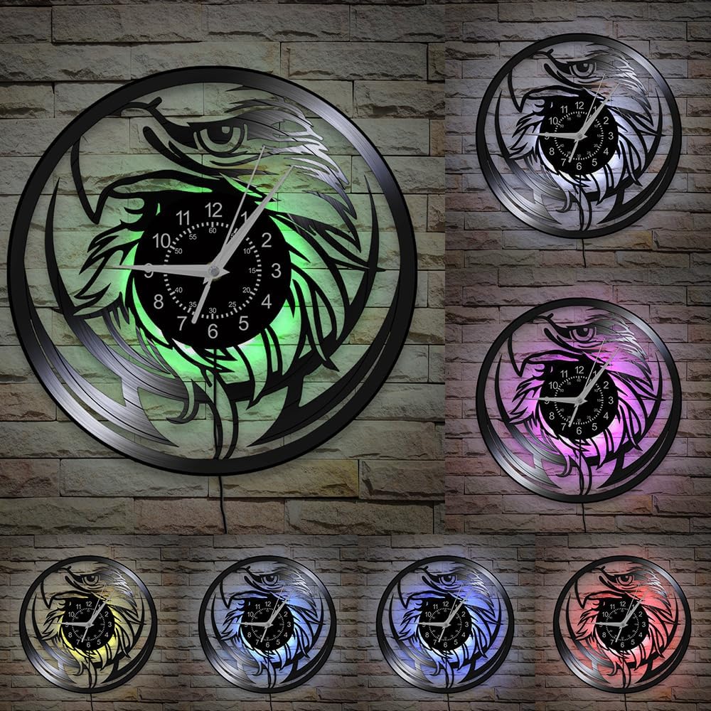12 Inch Bald Eagle Vinyl Wall Clock 7 Color Changing, National Bird of The US Hawk Animal Wall Clock LED Night Light Honor Patriotic Wall Watch Clock for Soldier Military Retirement Gifts