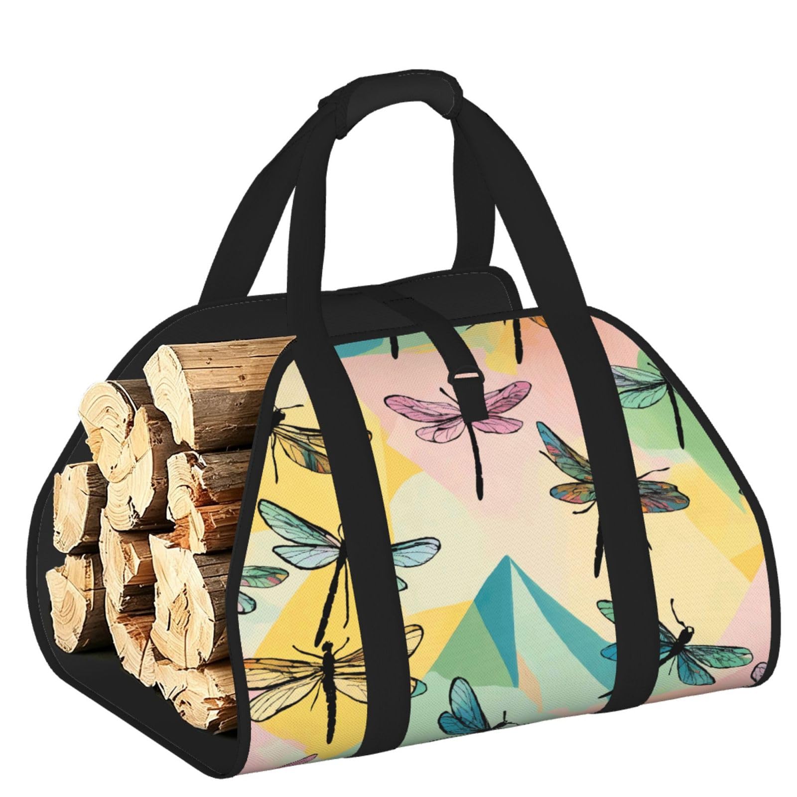 Pphgut Black Dragonfly Print Firewood Bag Wood Carrier Transport Sack Camping Picnic Storage Daily Home