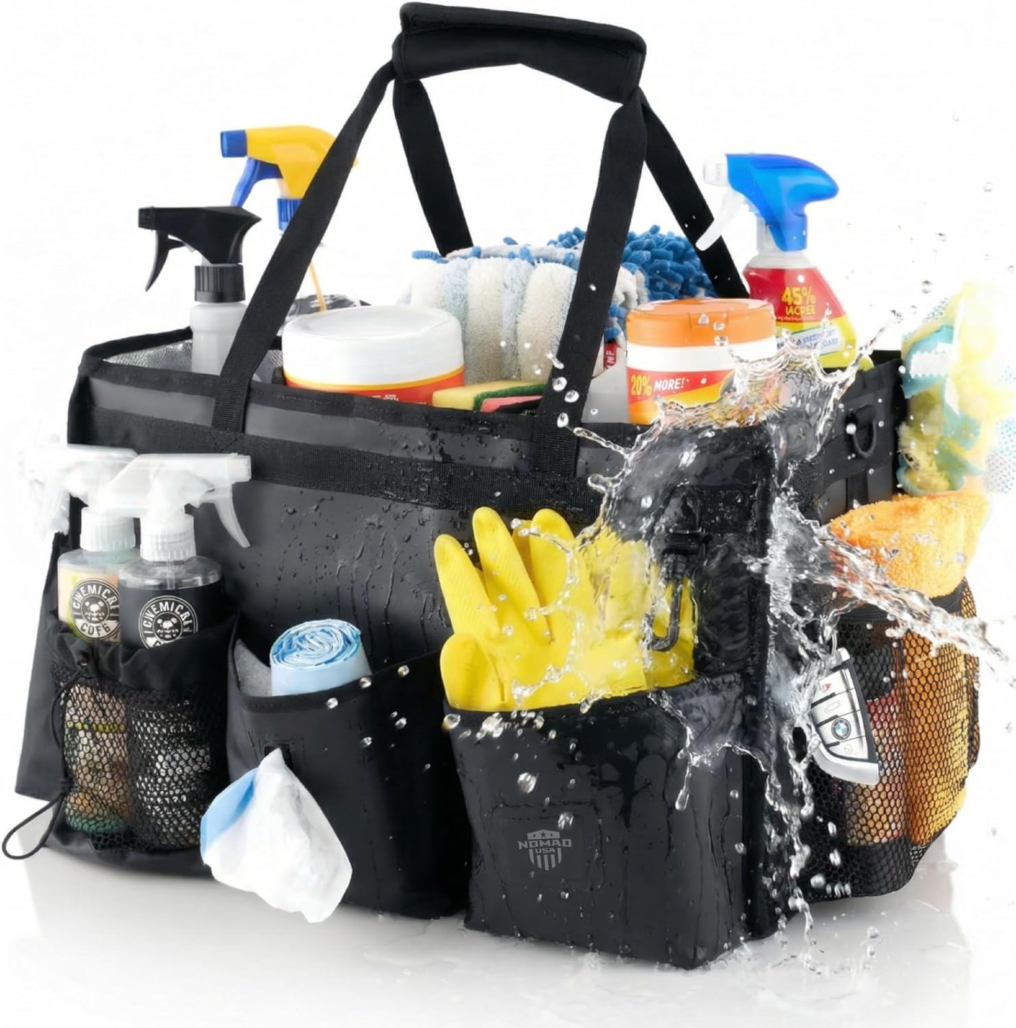 Nomad USA Wearable Cleaning Caddy Bag 100% Waterproof Cleaning Supplies Tote Bag w/Handle & Adjustable Shoulder Straps,Detachable Organizer for Kitchen,Housekeepers,Gardening,Hardware (Black)