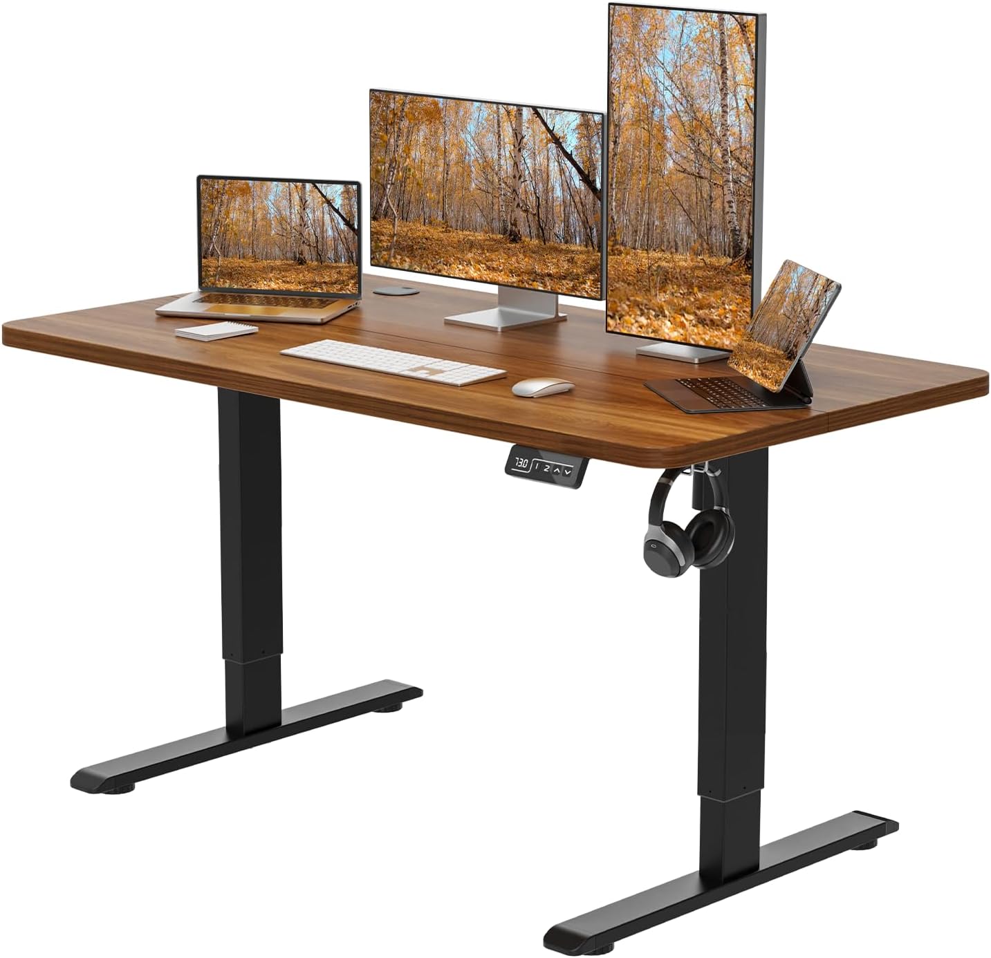Standing Desk Height Adjustable Electric Desk 47.2 x 23.6 Inches Sit Stand up Desk, Computer Home Office Desk Memory Preset with Two-Piece Desktop (Dark Walnut Look, 48 x 24 Inches)