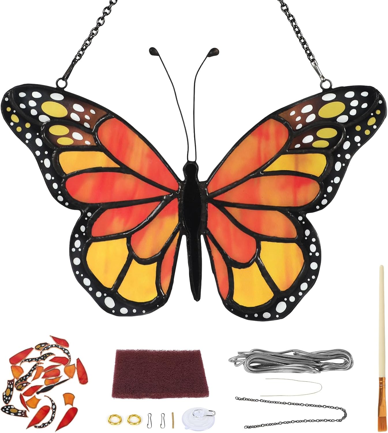 Suncatcher Stained Glass kit, Unfinished Pre Cut Stained Glass kit with Solder Wire, Flux Brush, Chain, Transparent Suction Cup, Cloth, Window Decoration for Home, Gift for Mom (Butterfly)