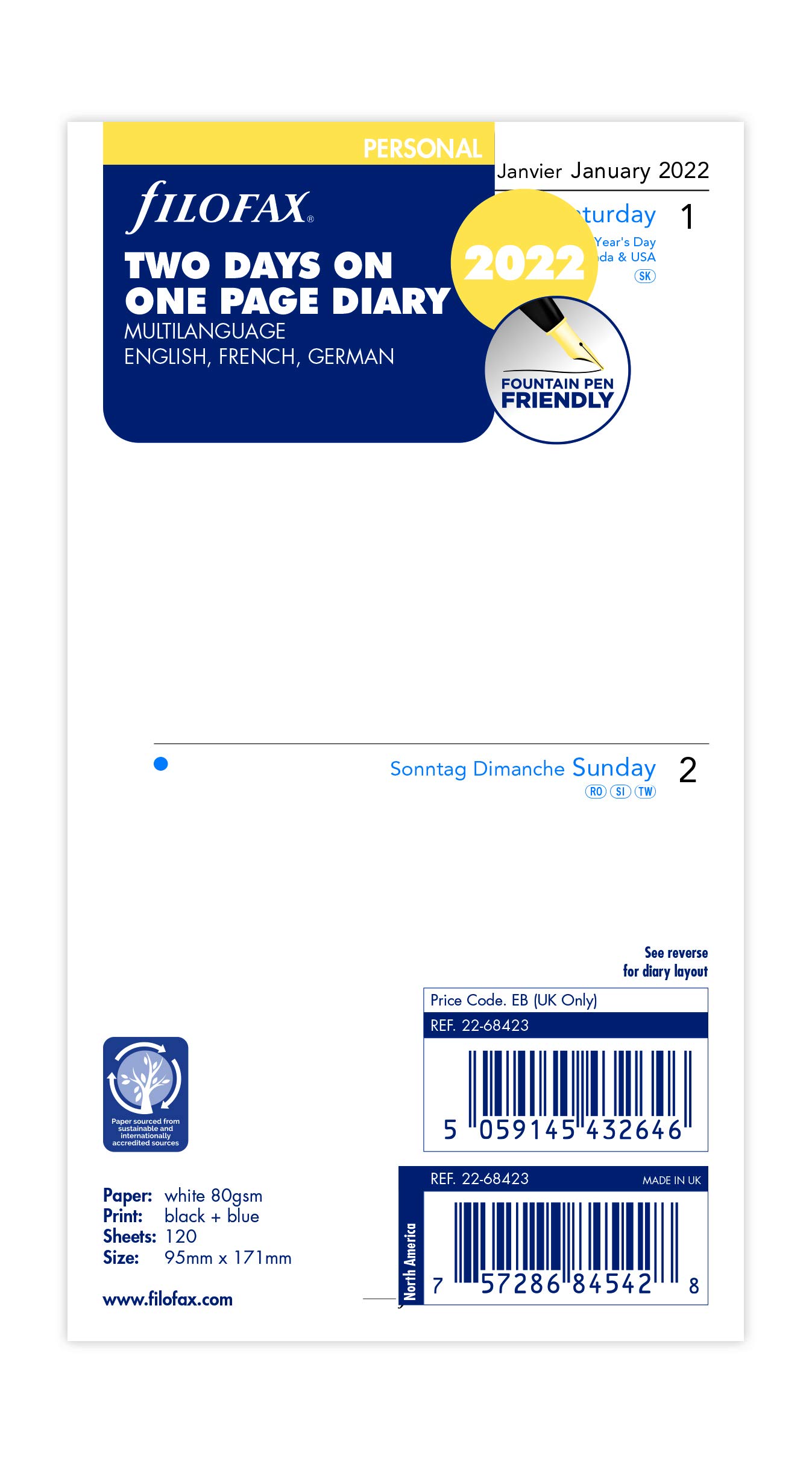 FilofaxPersonal Two Days per Page 3 Language 2022 Diary 22-68423