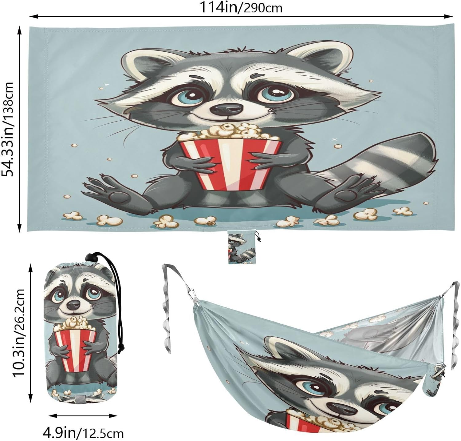 ALAZA Cute Raccoon Popcorn Cartoon Camping Hammocks Single or 2 Person 500 lbs Portable Parachute Travel Hammock w/Tree Straps for Hiking Backpacking Indoor Outdoor
