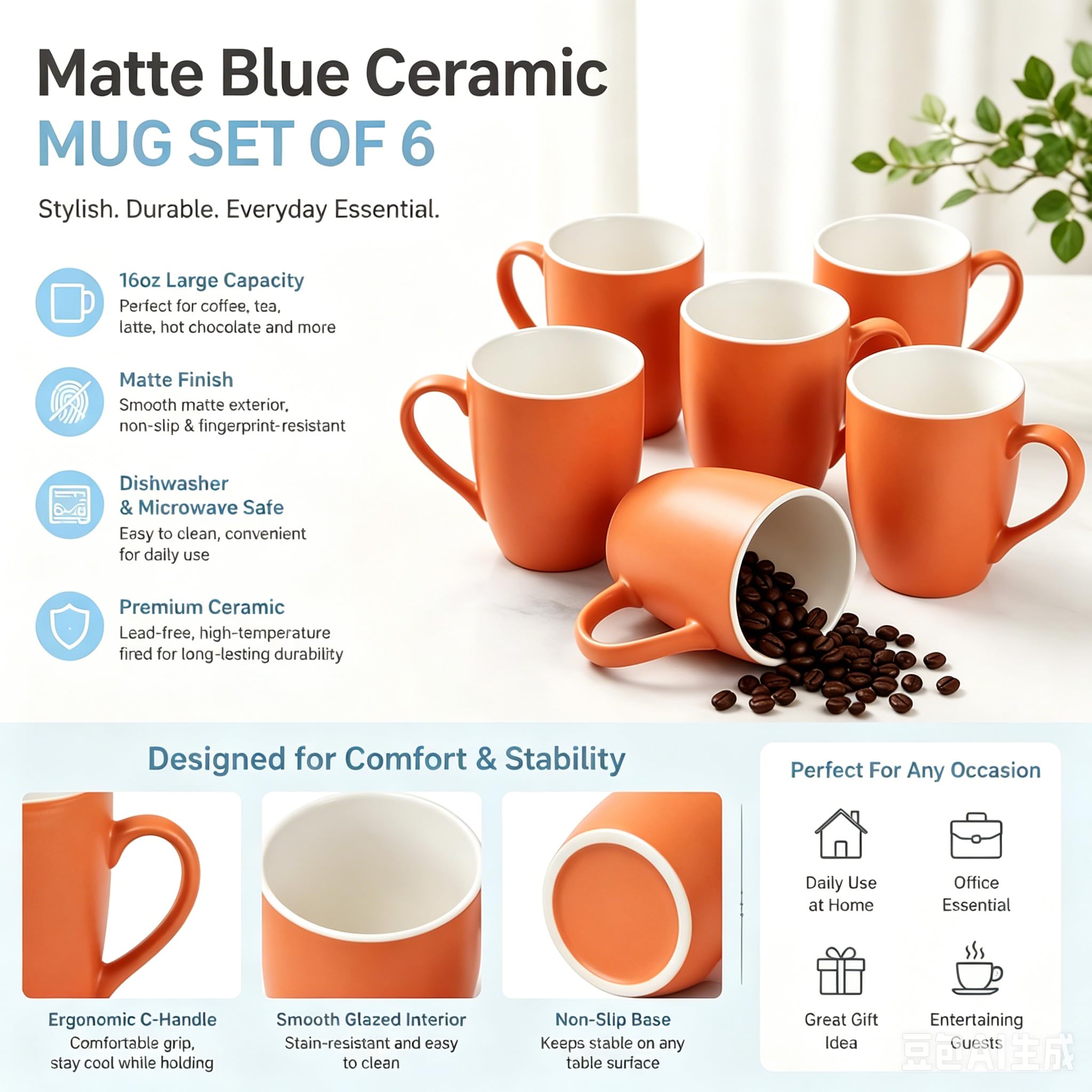 Kaffeebecher-Set, 340 ml, Keramik, Kaffeetassen mit Griff, für Männer und Frauen, für Kaffee, Tee, Cappuccino, Kakao, Müsli (Orange)