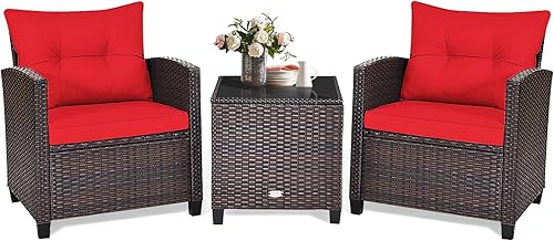 KOTEK Juego de muebles de patio de 3 piezas, juego de conversación al aire libre con cojines lavables y mesa de vidrio templado, juego de bistró de