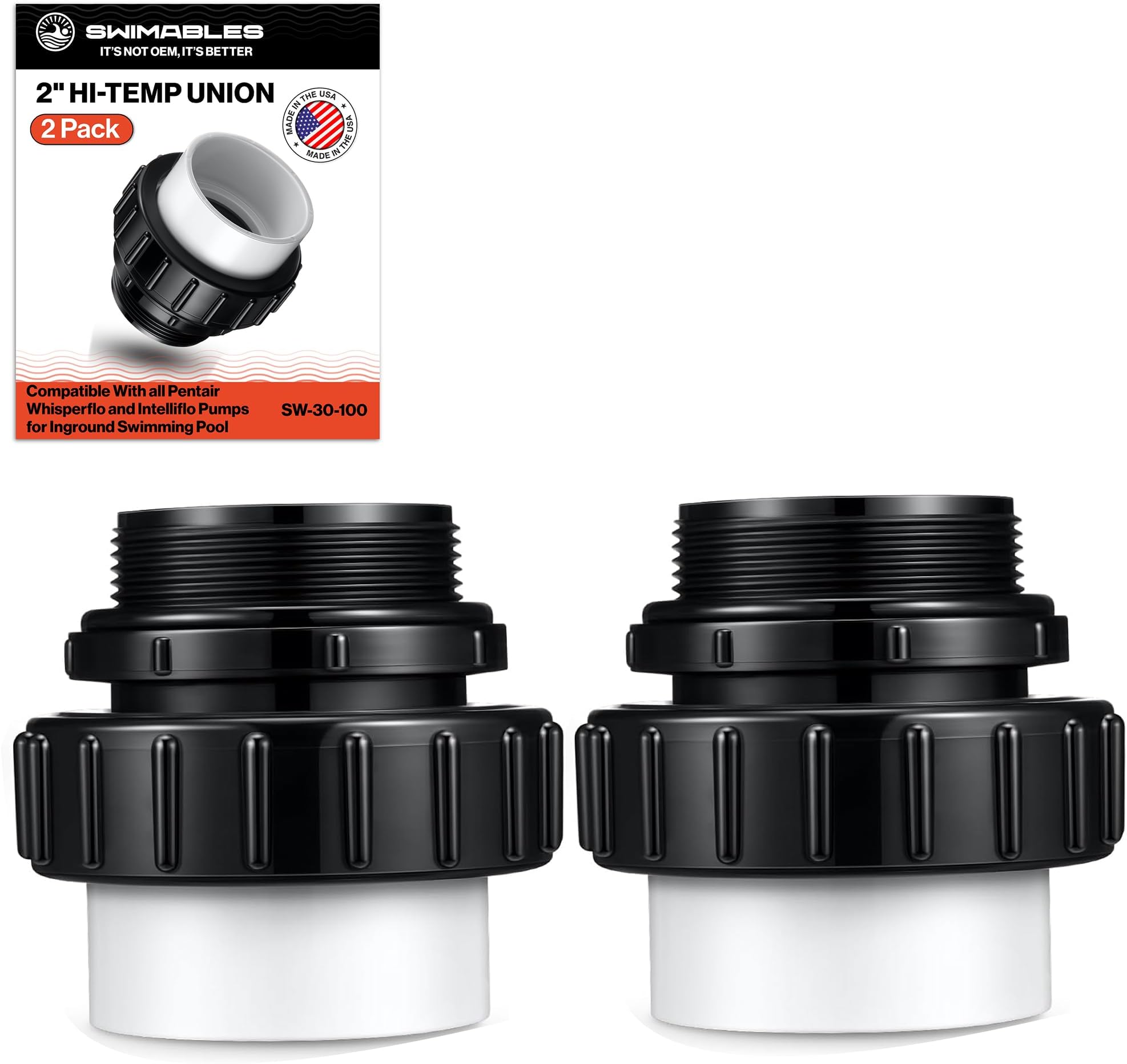 Swimables 2" Hi-Temp Union for All Pentair Whisperflo and Intelliflo Pumps for Inground Swimming Pool - 2" MIP x 2" Slip PVC - Made in USA - 2 Pack