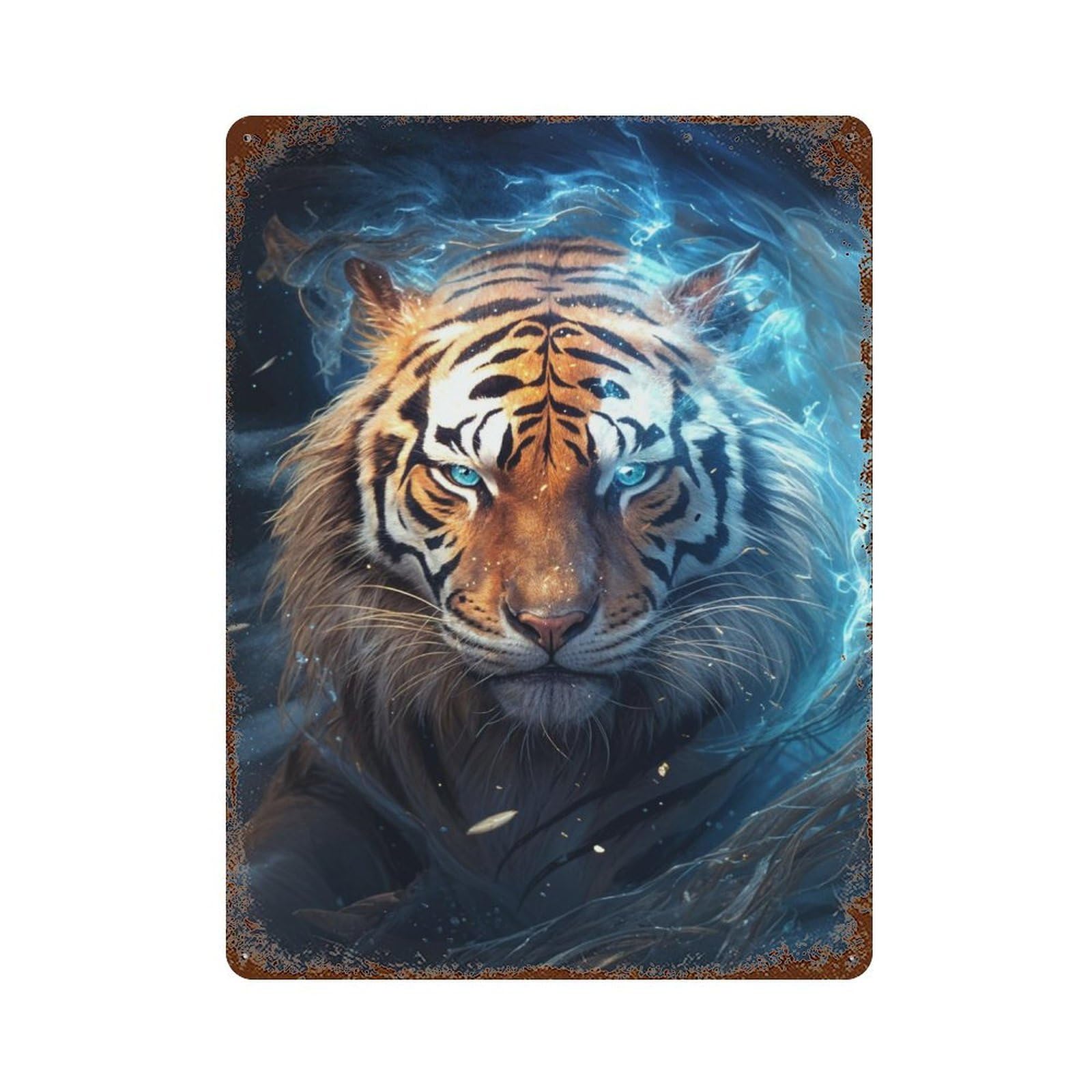 Rust Effect Cosmic Celestial Tiger Weathered Tin Sign 15.7"x11.8", Classic Wall Plaque for Living Room, Hallway And Home Decor