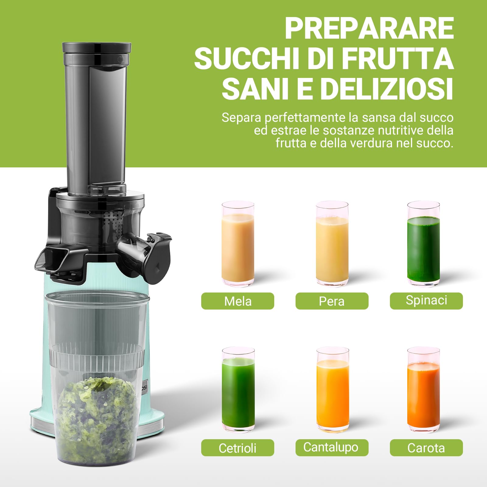 Estrattore frutta e verdura AOBOSI-Mini estrattore con funzione di masticazione inversa -estrattore di succo con spazzola e 2 tazze -150W estrattore a freddo - Spremiagrumi elettrico-Verde.