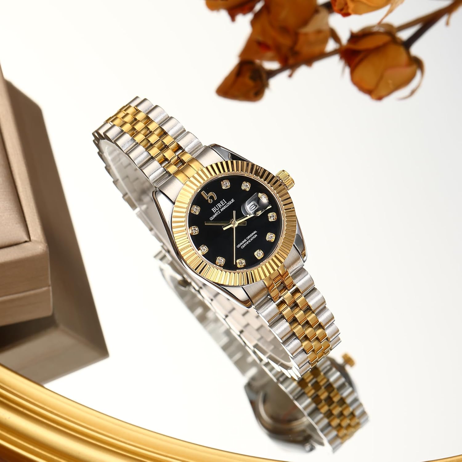BUREI Women's Business Watch with Day Date, Analog Quartz Movement, Silver Gold Stainless Steel Bracelet, Fashion Ladies Watch, Small Face, Diamond, Waterproof - Image 5