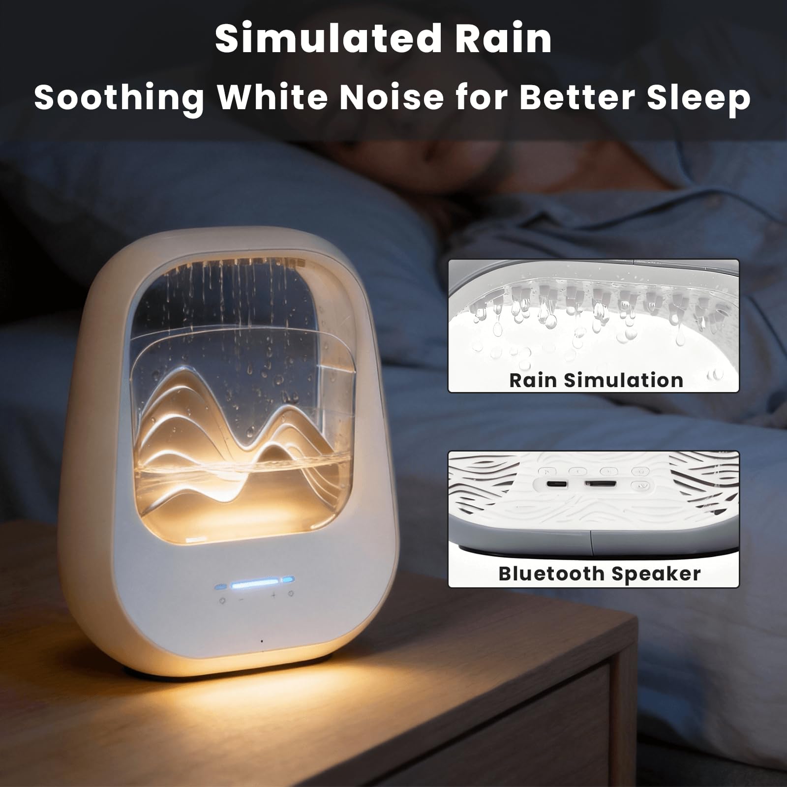 Rain Drop - Macchina per il rumore bianco con suoni realistici della pioggia, umidificatore per terapia del sonno, altoparlante Bluetooth, luce ambientale e diffusore di aromi per camera da letto