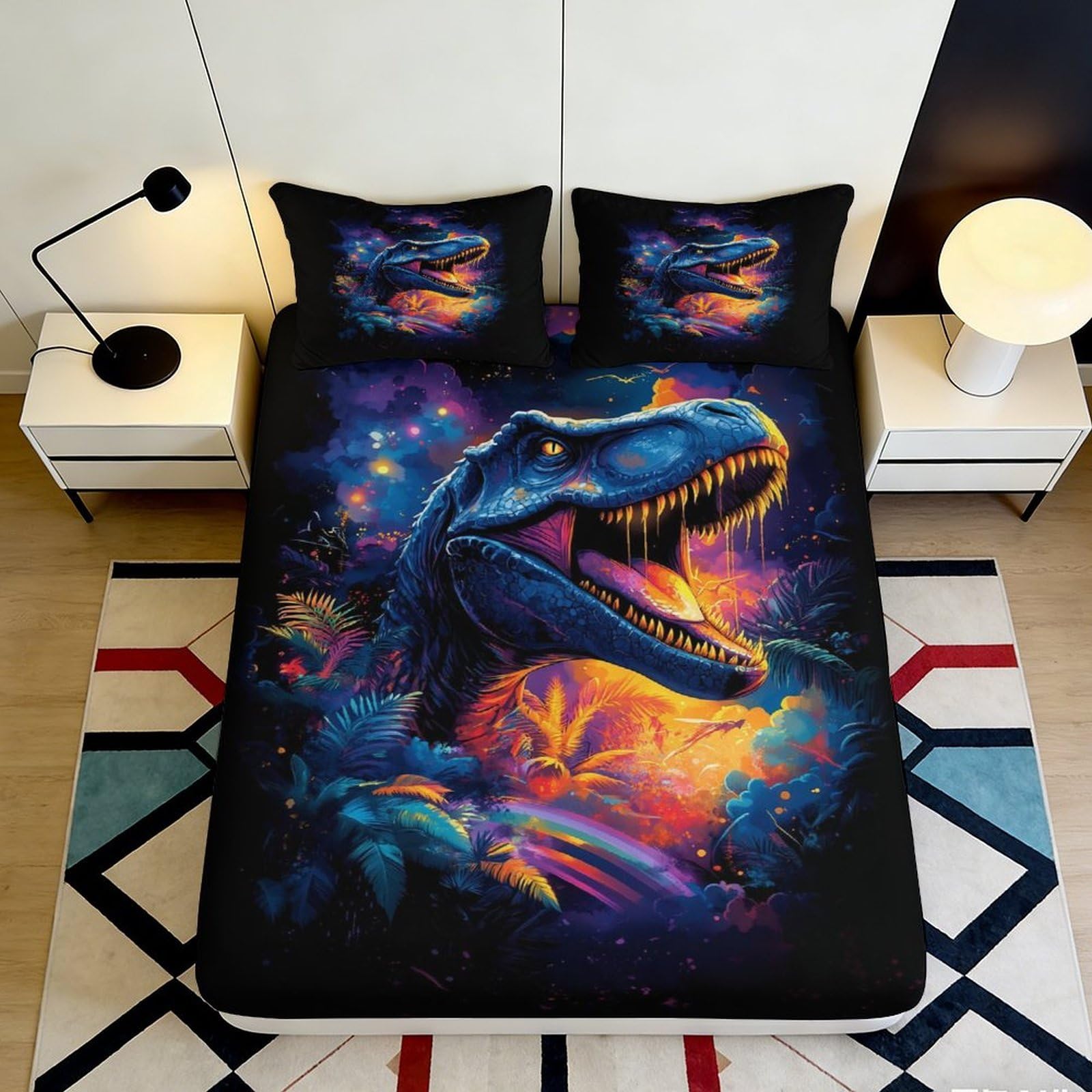 3D Printed Neon Dinosaur Fitted Sheet Microfiber Soft Breathable Cosmic Jungle Bed Cover for Bedroom Dormitory Guest Room Mattress Protection Decor 160x200x25cm